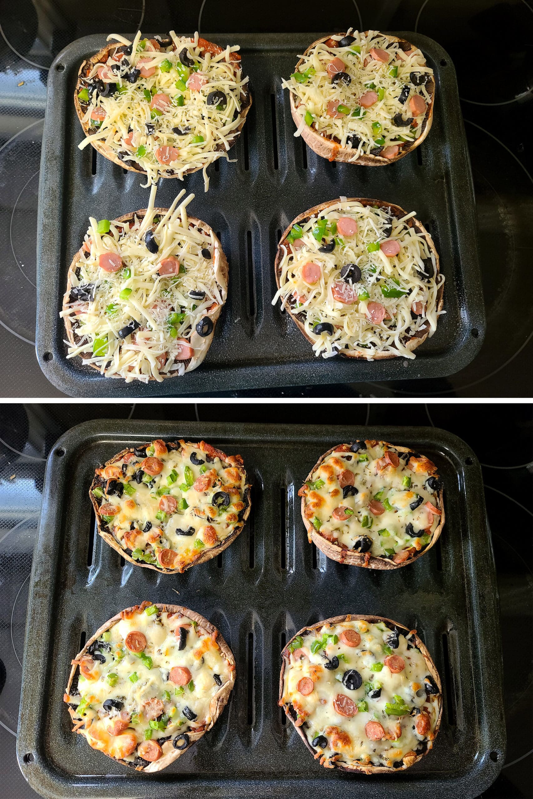 4 prepared portobello mushroom pizzas on a broiling pan, before and after cooking.
