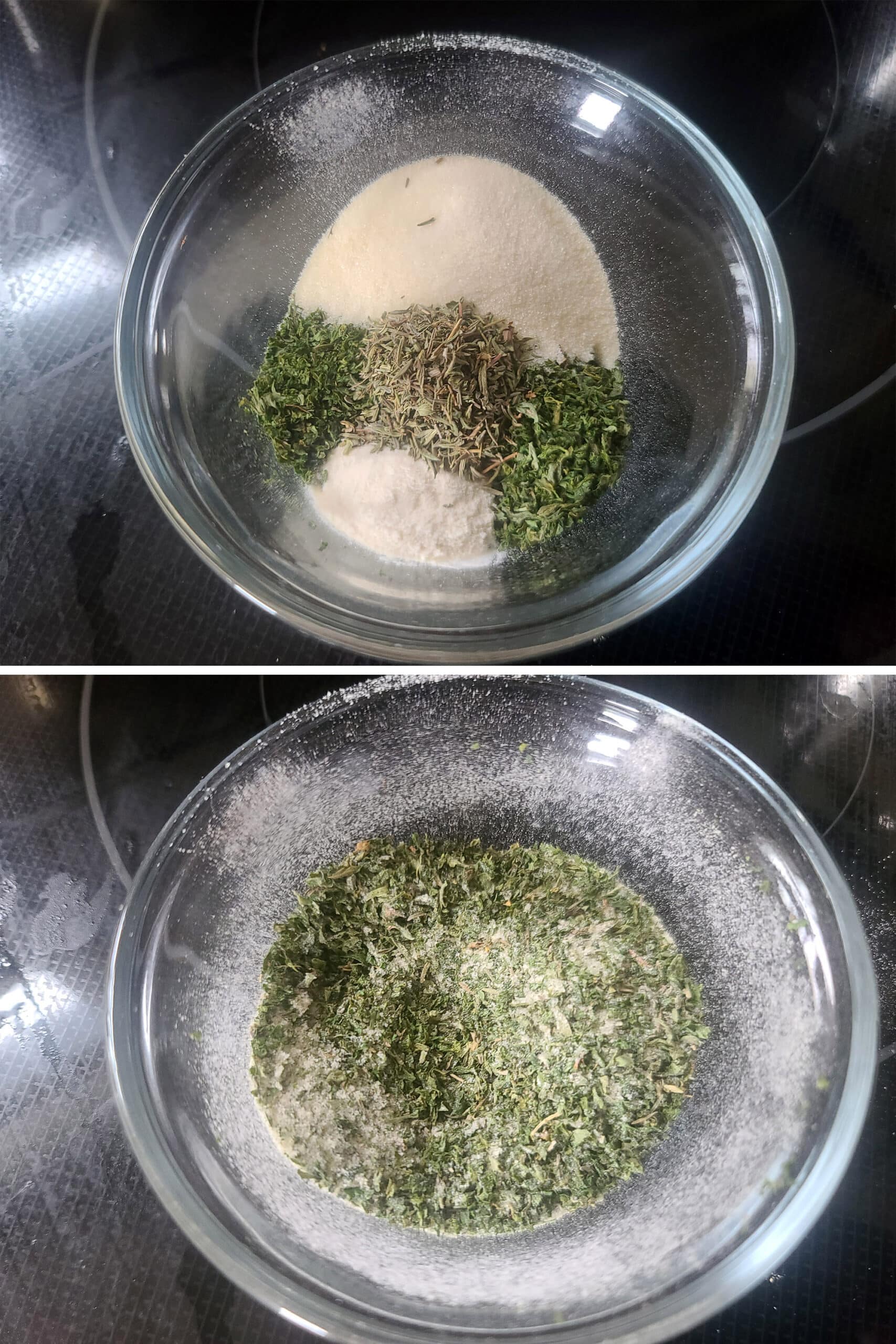 A 2 part image showing the dried herbs, gelatin, and xanthan gum being mixed in a small bowl.