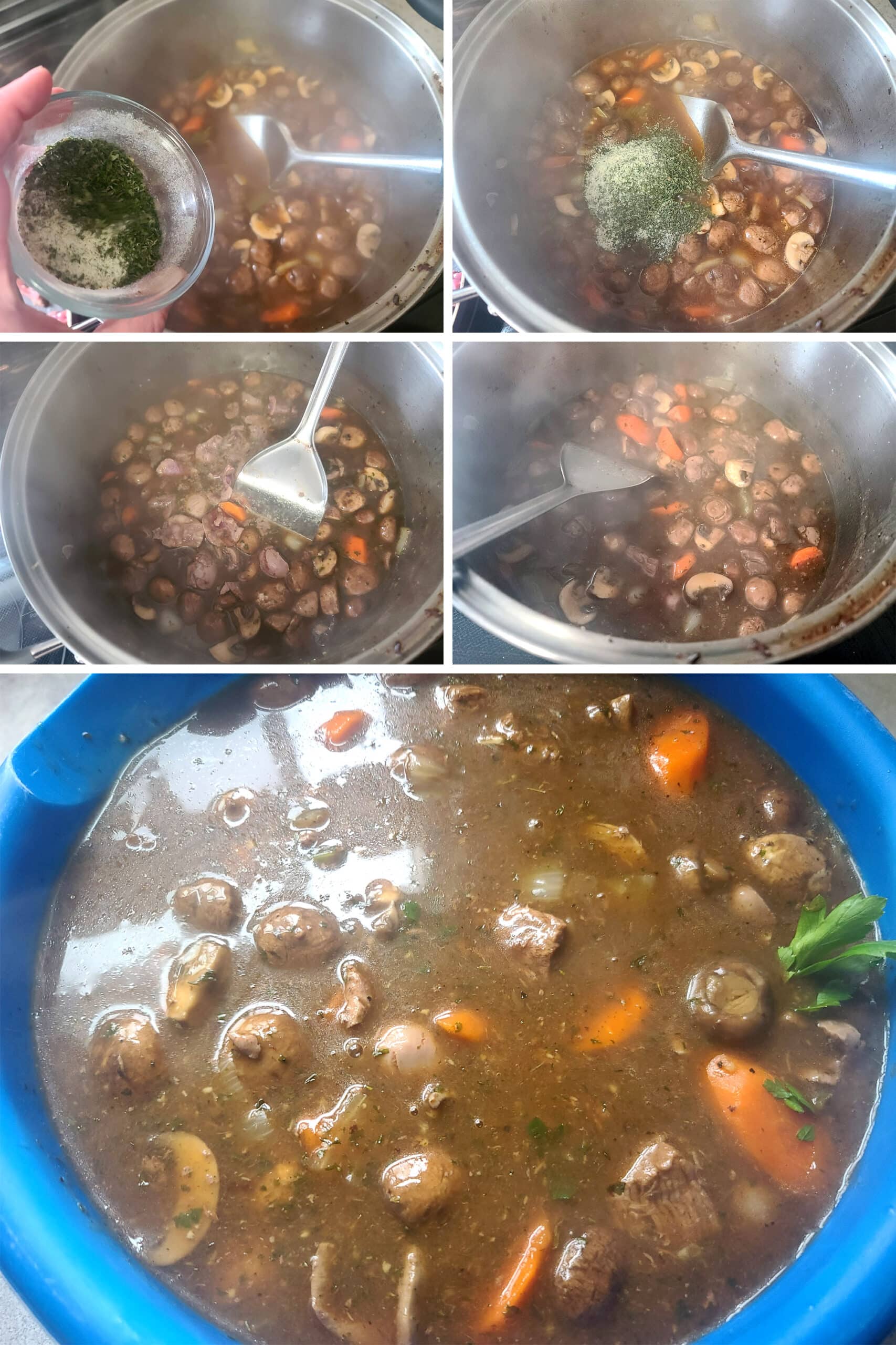 A 5 part image showing the dry mix and kidneys being added to the pot, and the finished stew in a large storage bowl.
