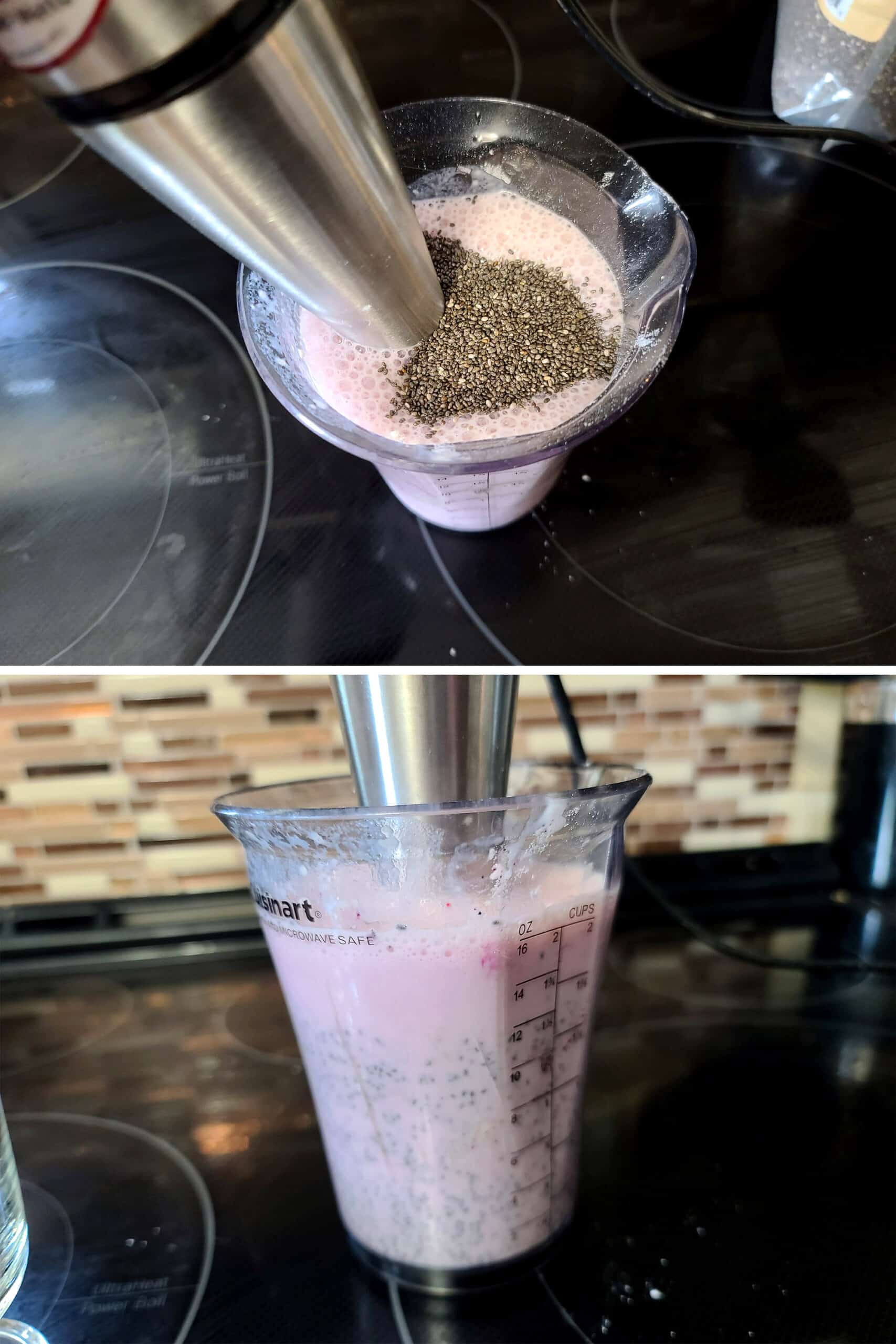 A 2 part image showing chia seeds being added to the cup of protein shake.