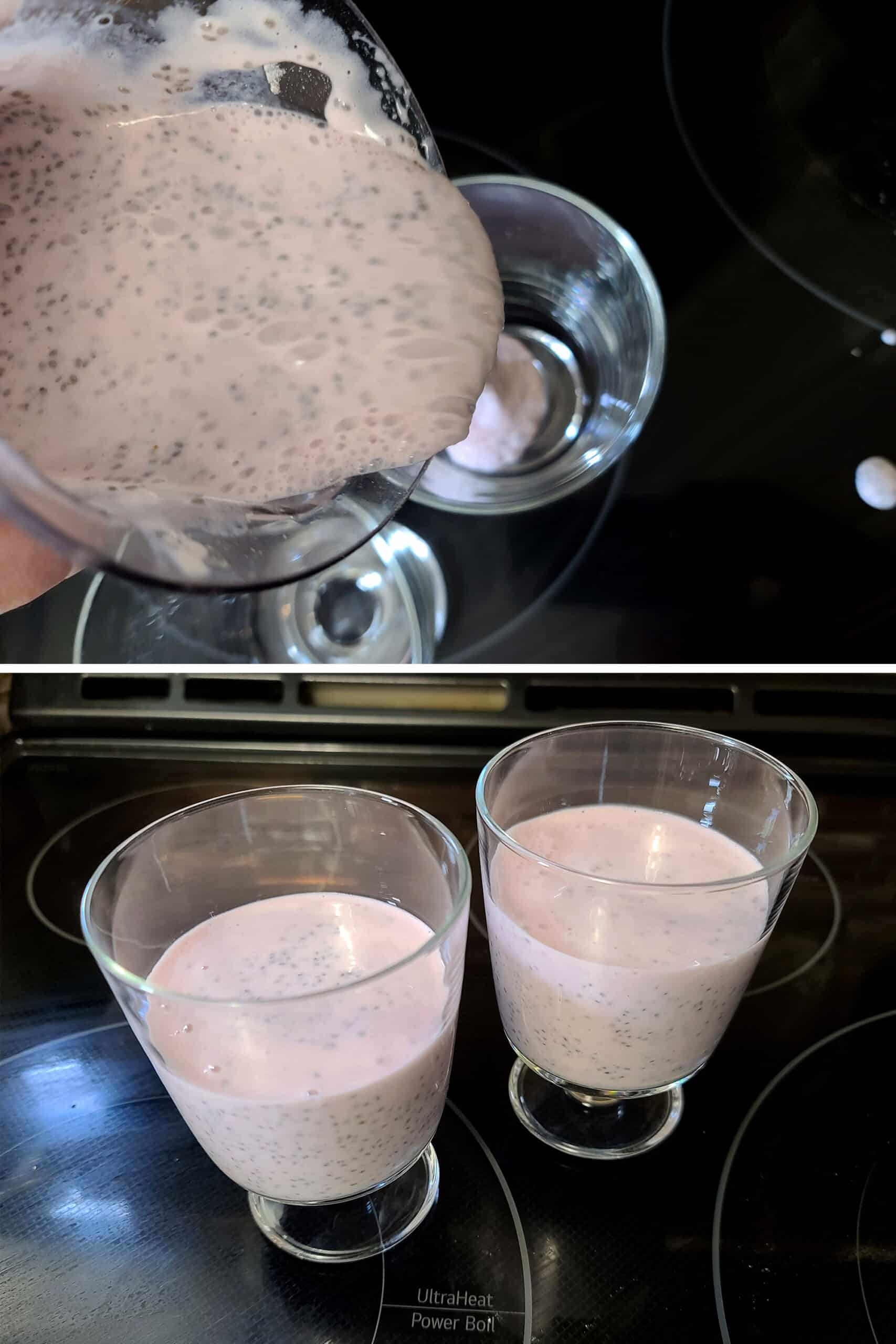A 2 part image showing thickened protein pudding being poured into 2 glasses.