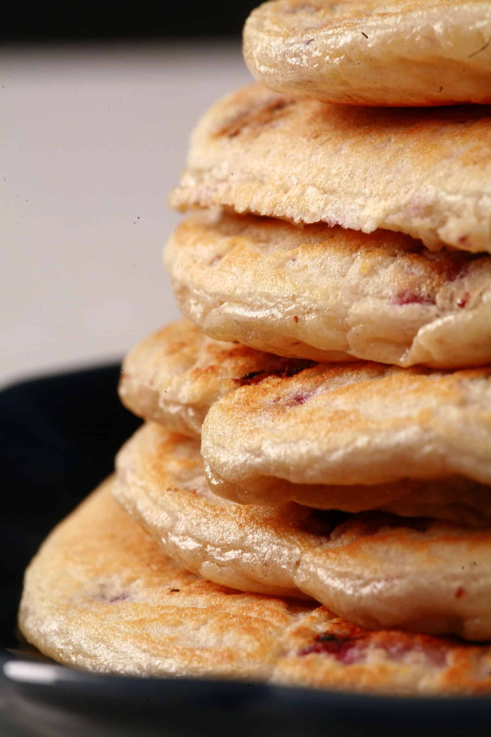 A stack of 6 blackberry protein pancakes.