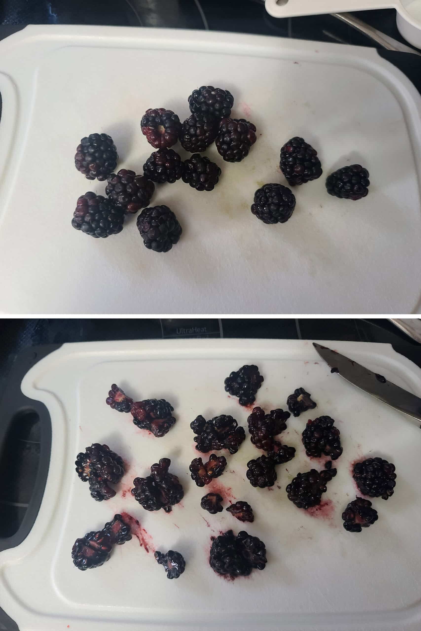 Blackberries being chopped on a white cutting board.