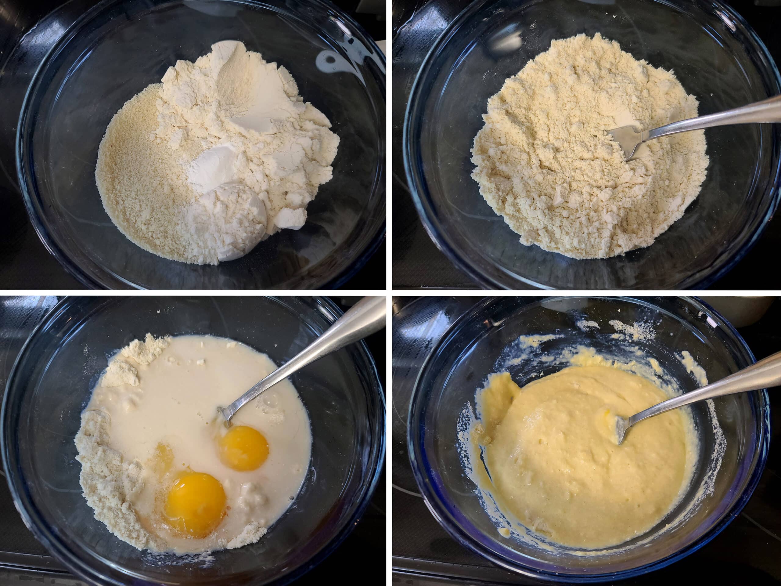 A 4 part image showing the dry ingredients being mixed together in a bowl, the milk and eggs added, and everything mixed into a smooth yellow batter.