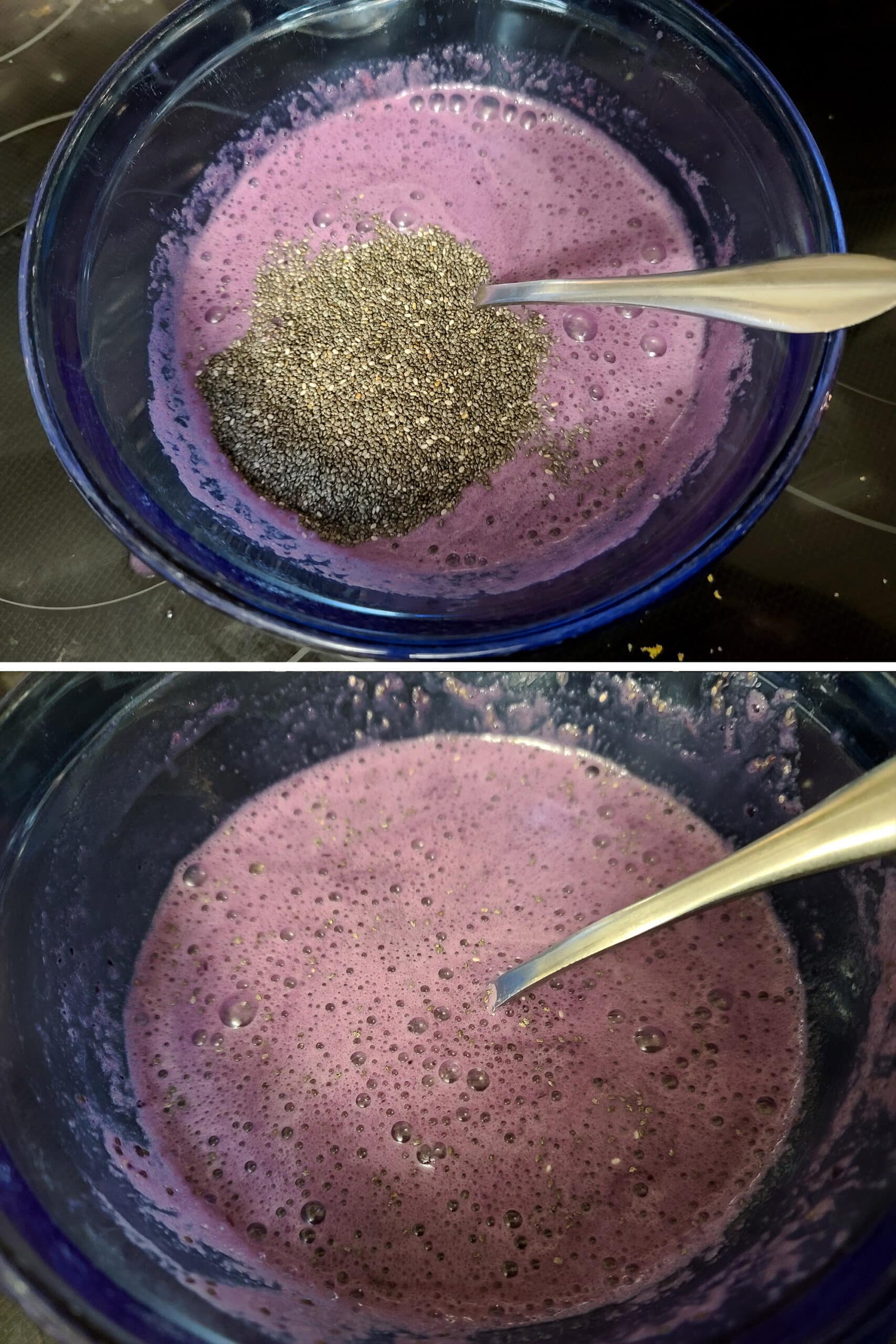 The chia seeds being stirred into the blueberry mixture.