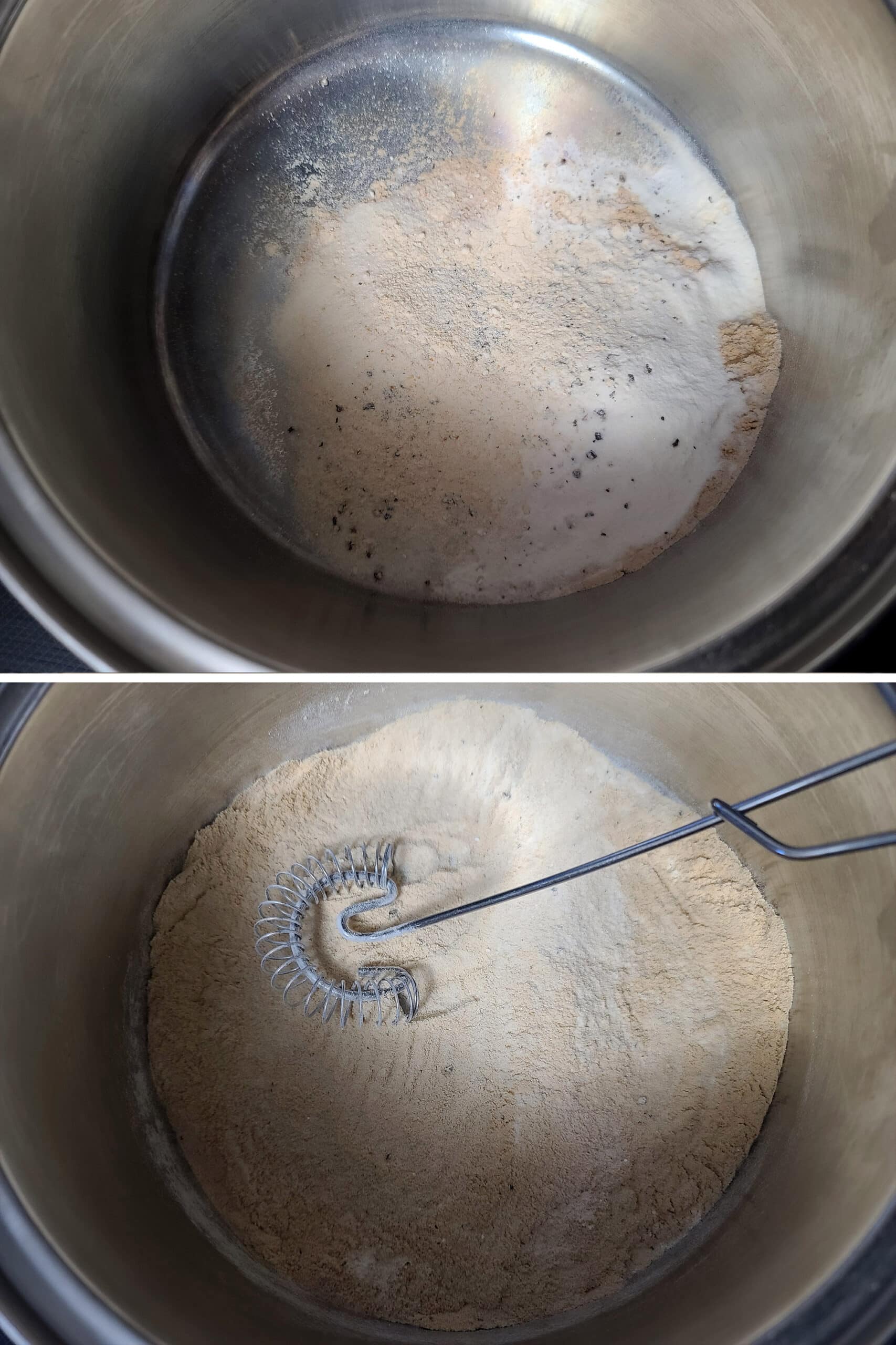 A 2 part image showing the powdered ingredients being mixed together in a pot.