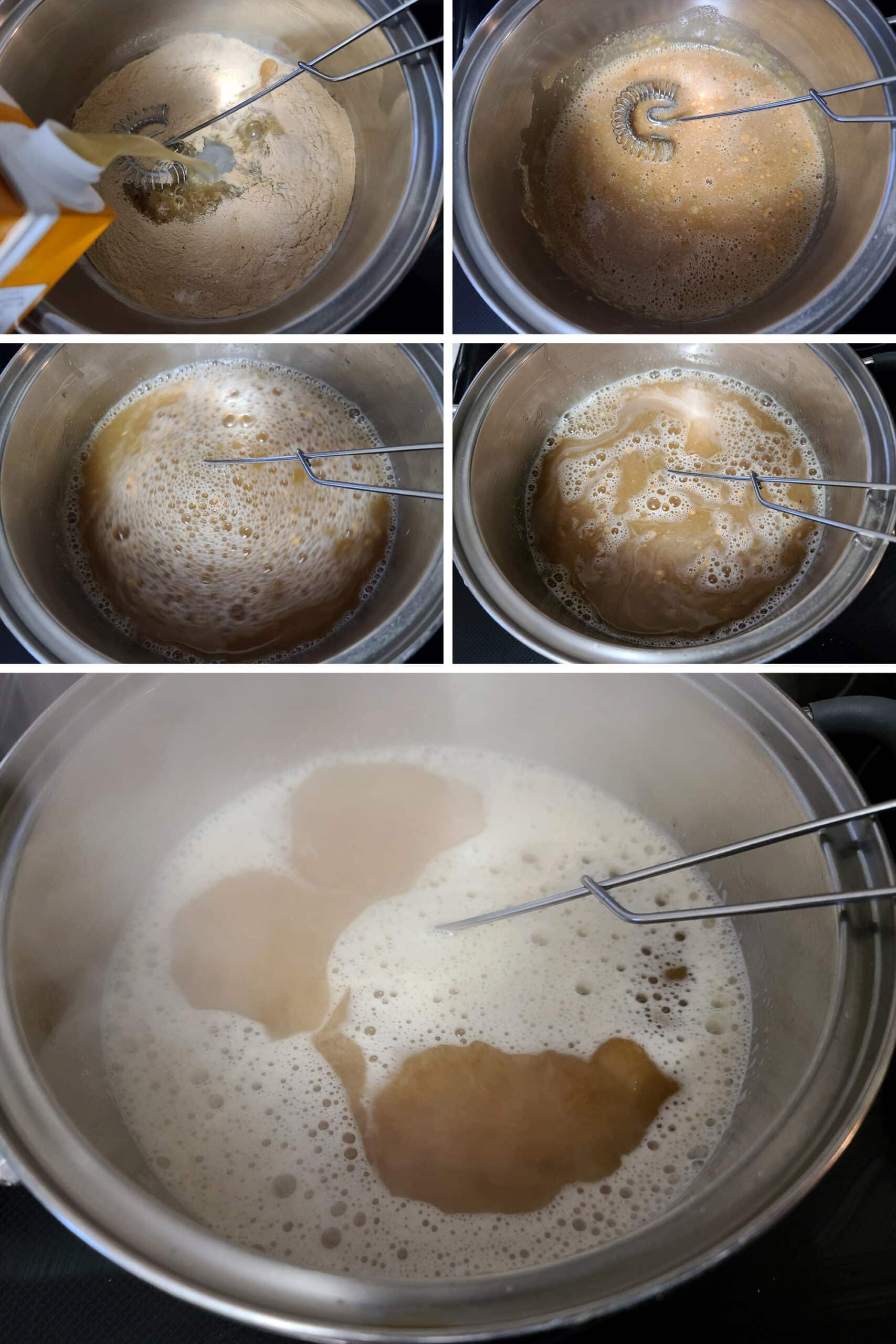 A 5 part image showing a paste being made from the tetra pack of broth and the dry ingredients, and the rest of the liquid broth being mixed in and brought to a boil.