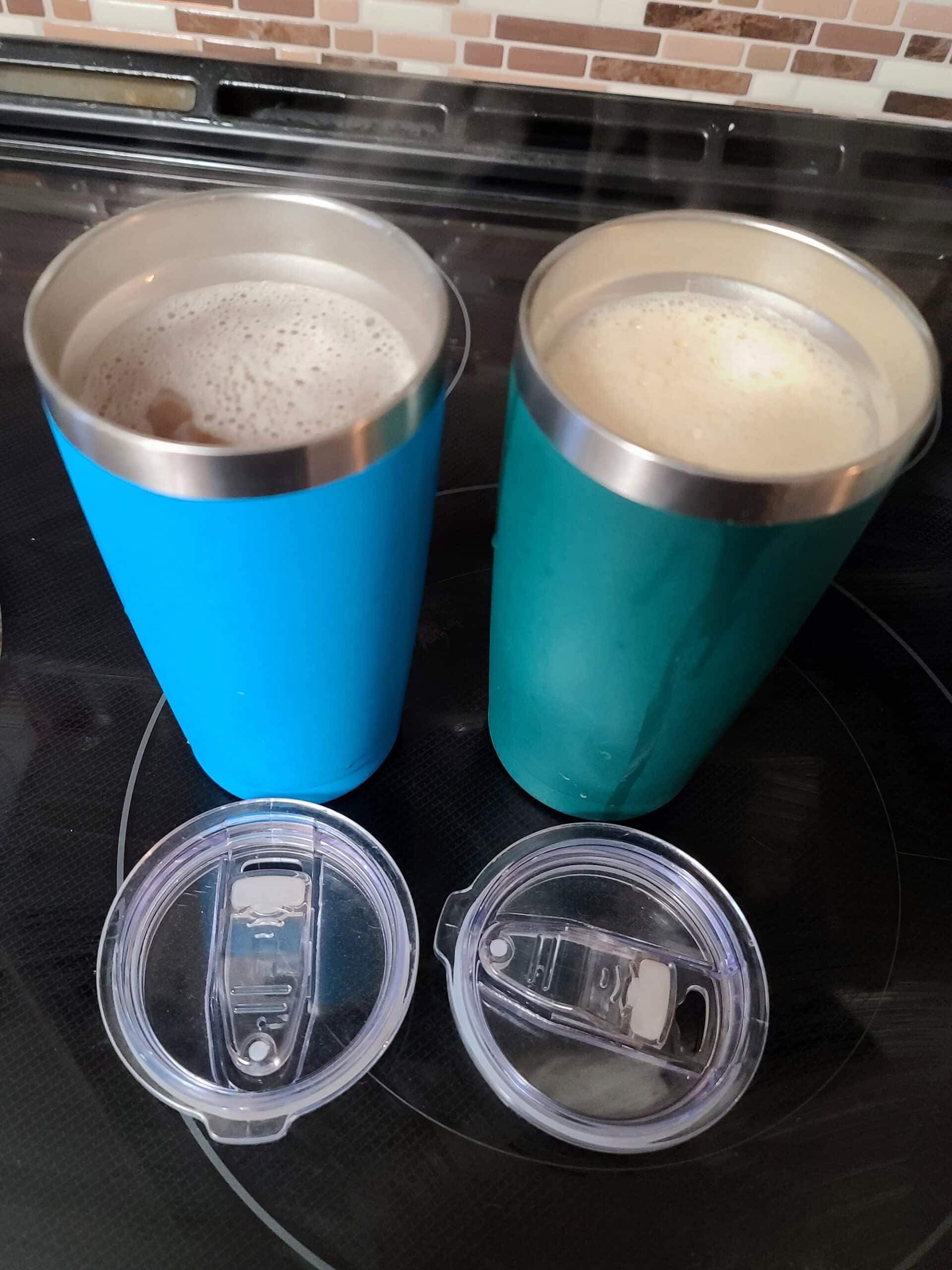 2 travel mugs of easy chicken bone broth.