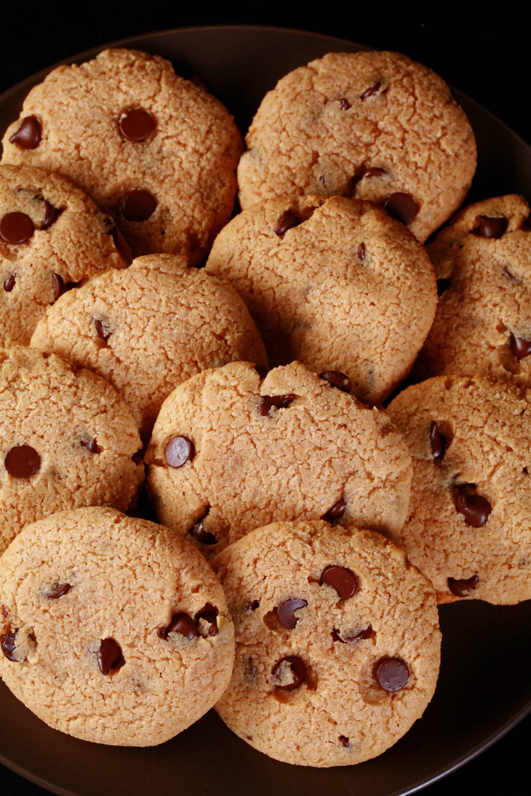 A plate of low carb peanut butter chocolate chip cookies.