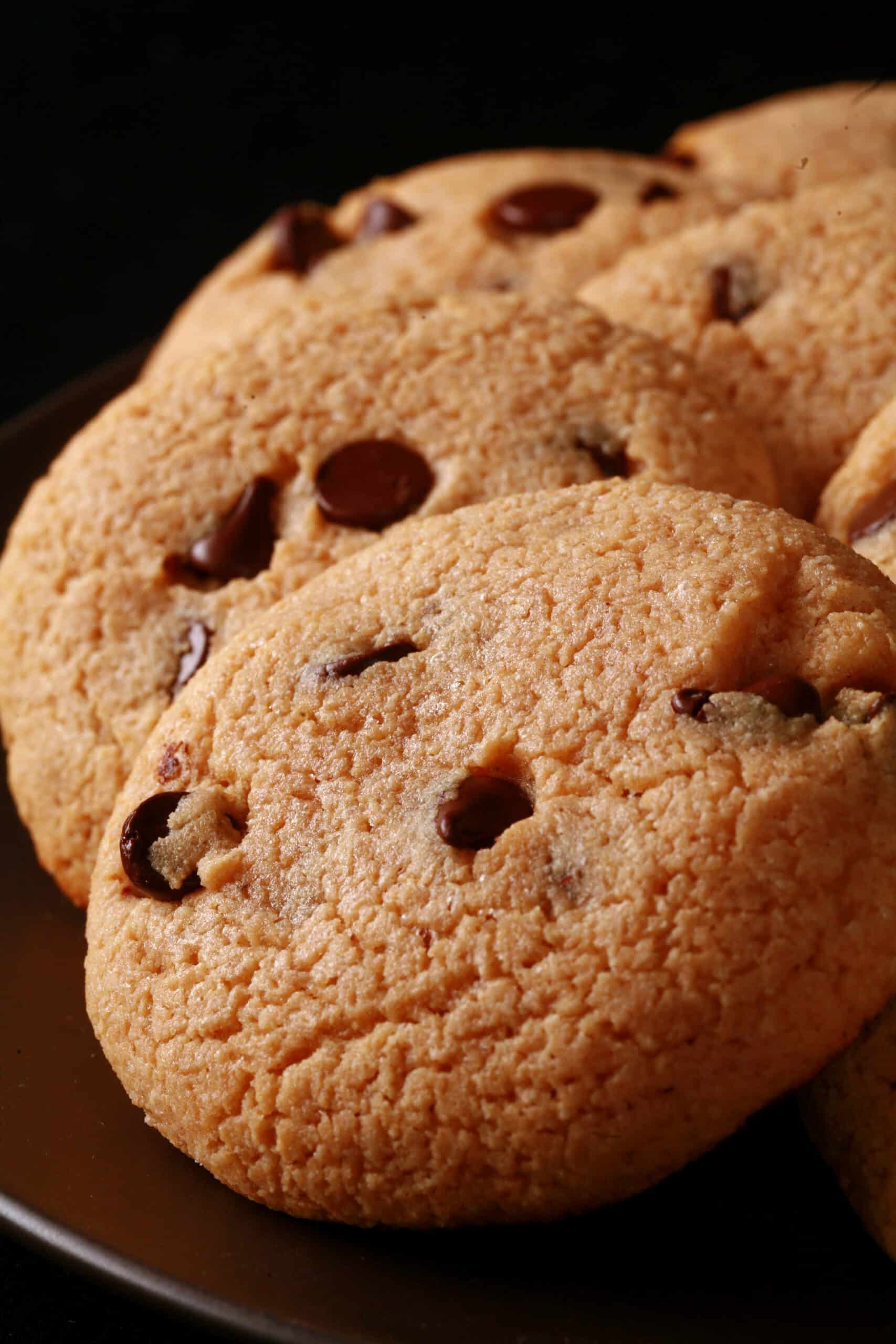 A plate of keto peanut butter chocolate chip cookies.