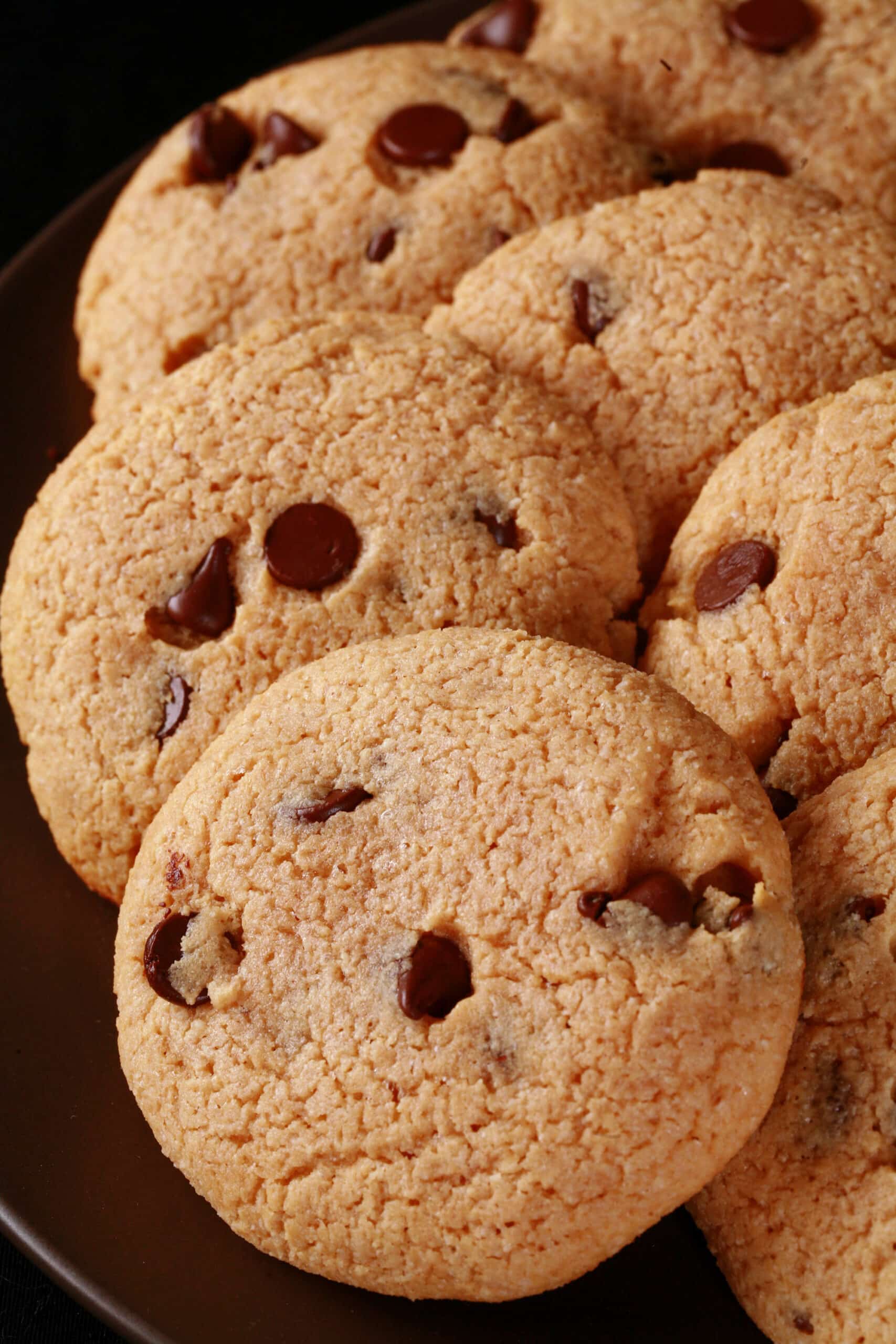 A plate of sugar free peanut butter chocolate chip cookies.