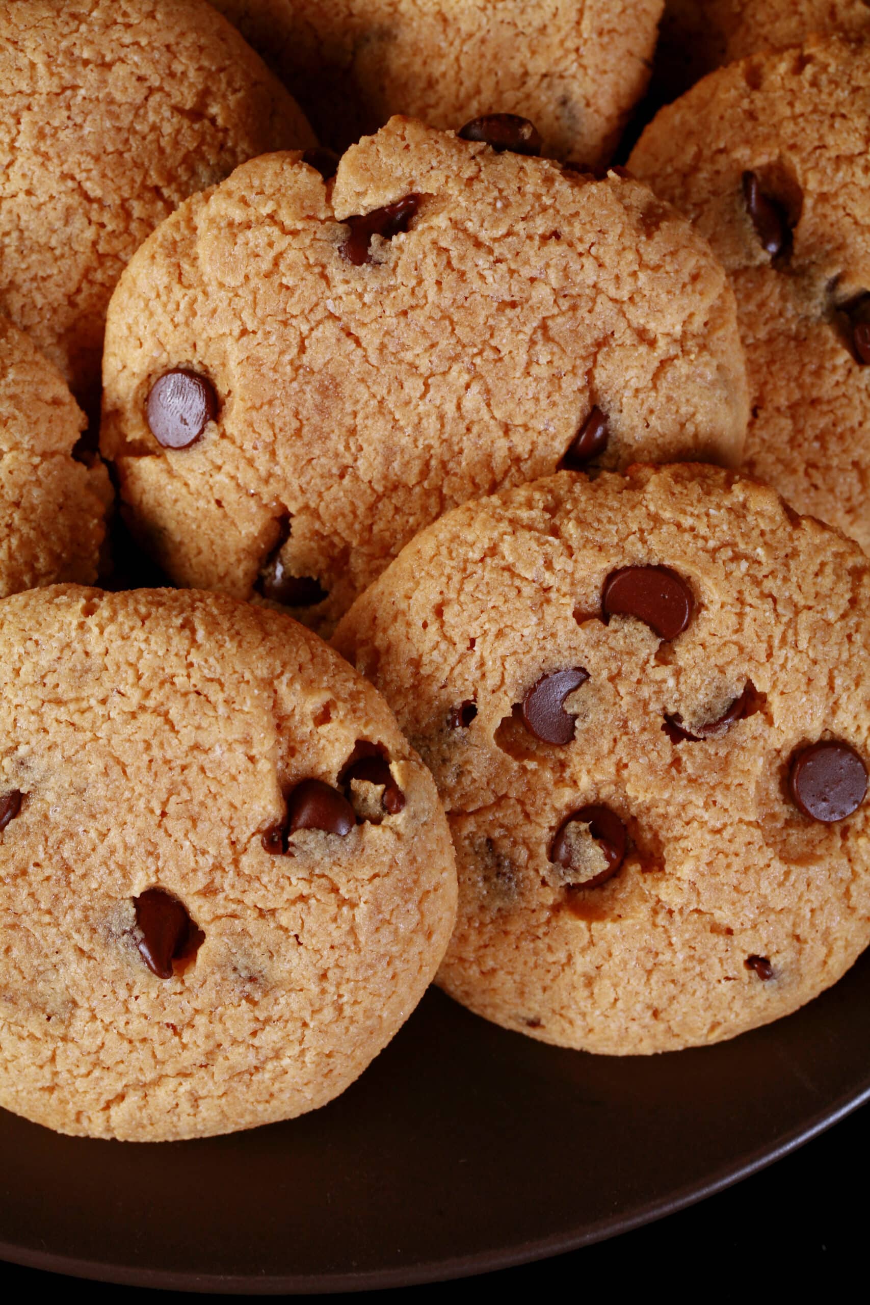 A plate of sugar free peanut butter chocolate chip cookies.