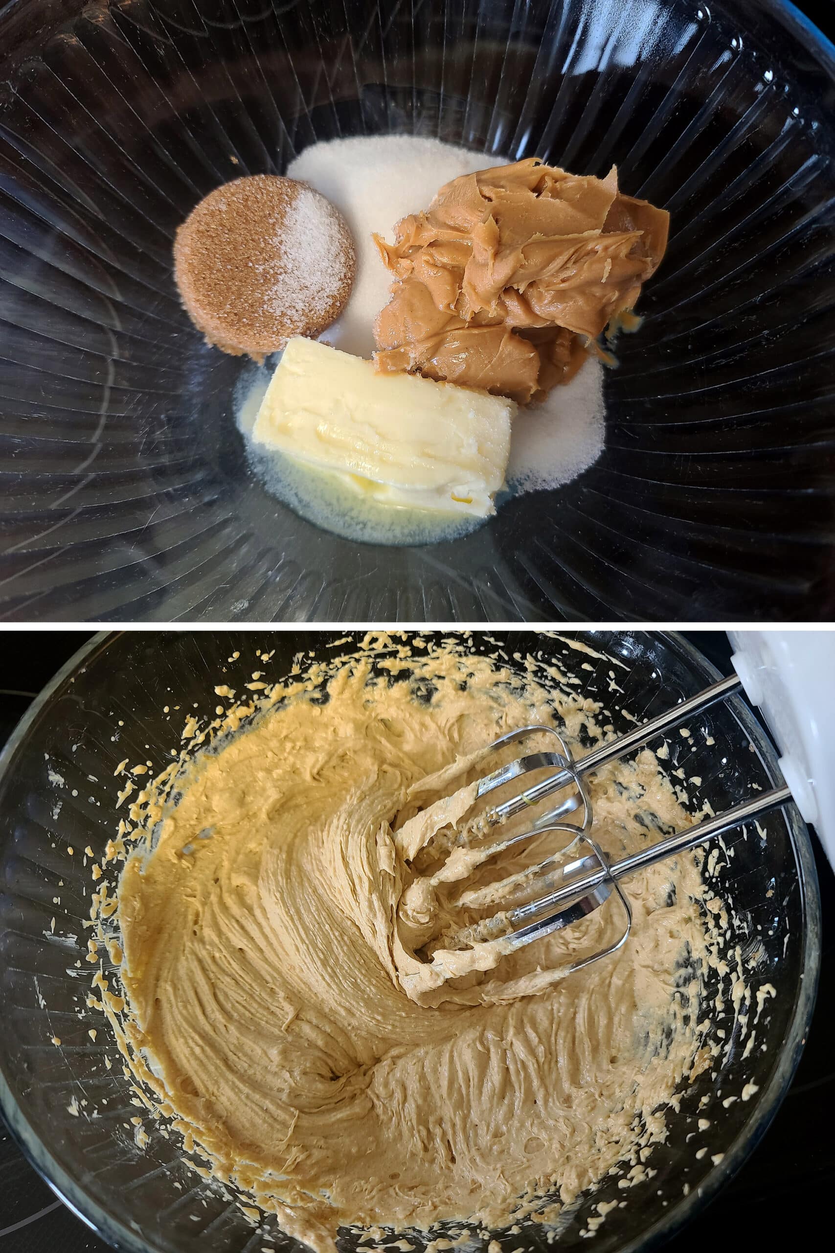 A 2 part image showing the butter, peanut butter, and sugar substitutes being creamed with a hand mixer.