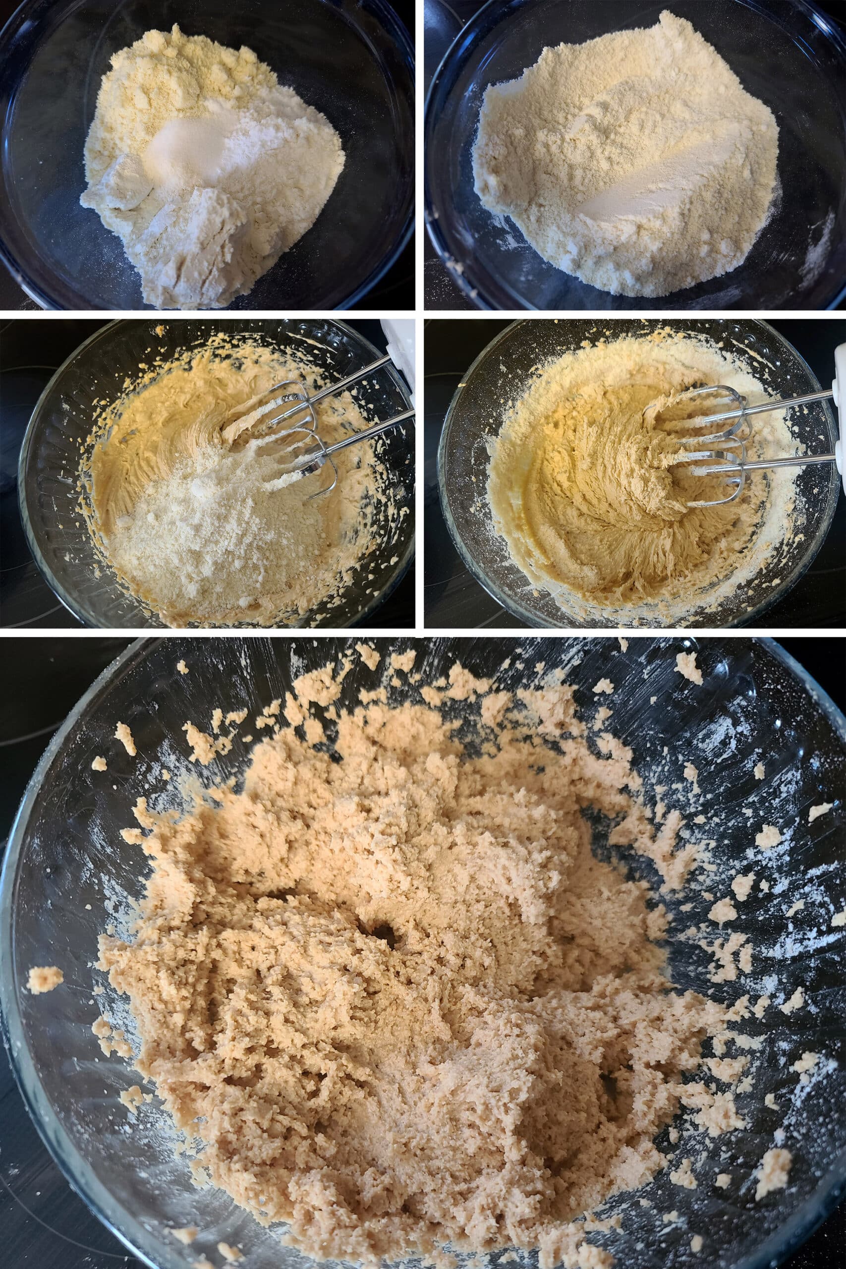 A 5 part image showing the dry ingredients mixture being beaten into the wet ingredients.