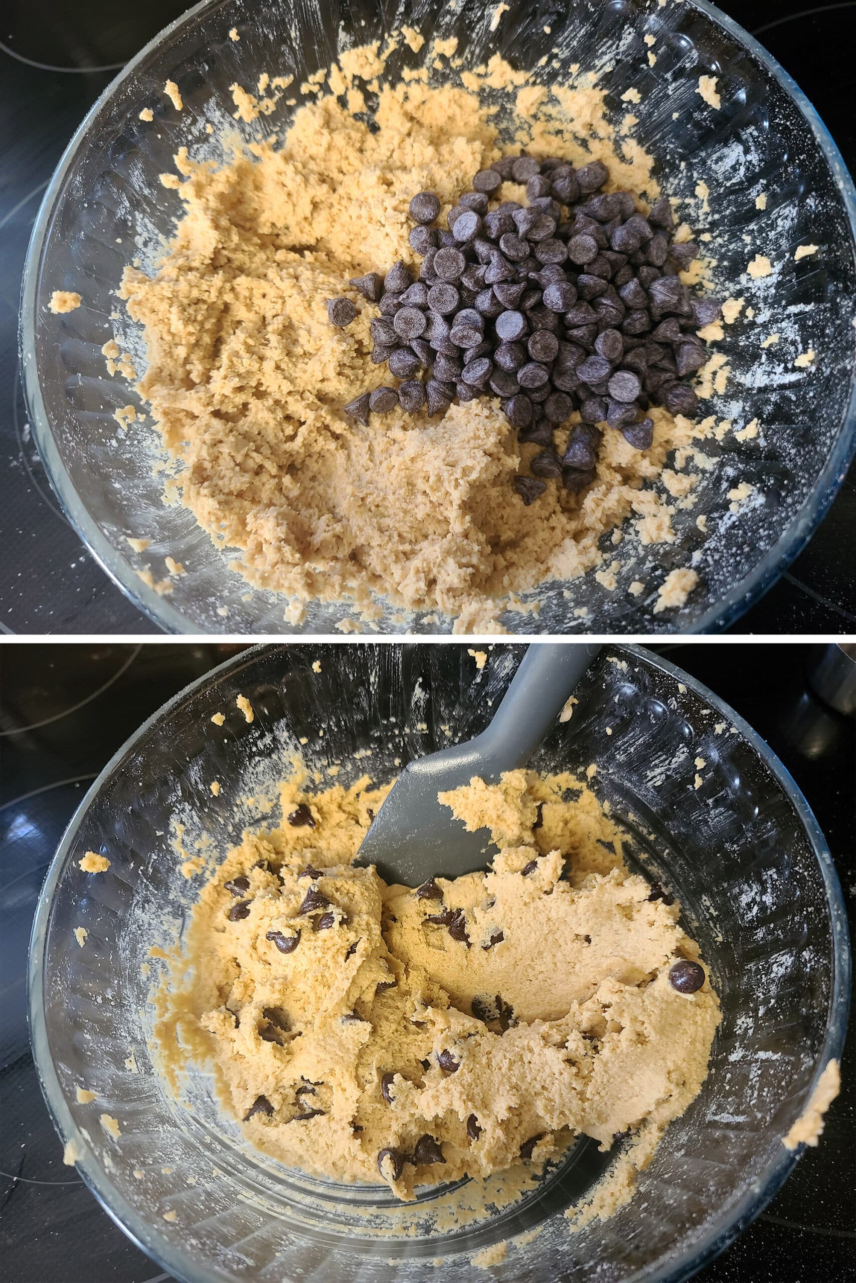 2 part image showing the sugar free chocolate chips being mixed into the low carb peanut butter cookie dough.