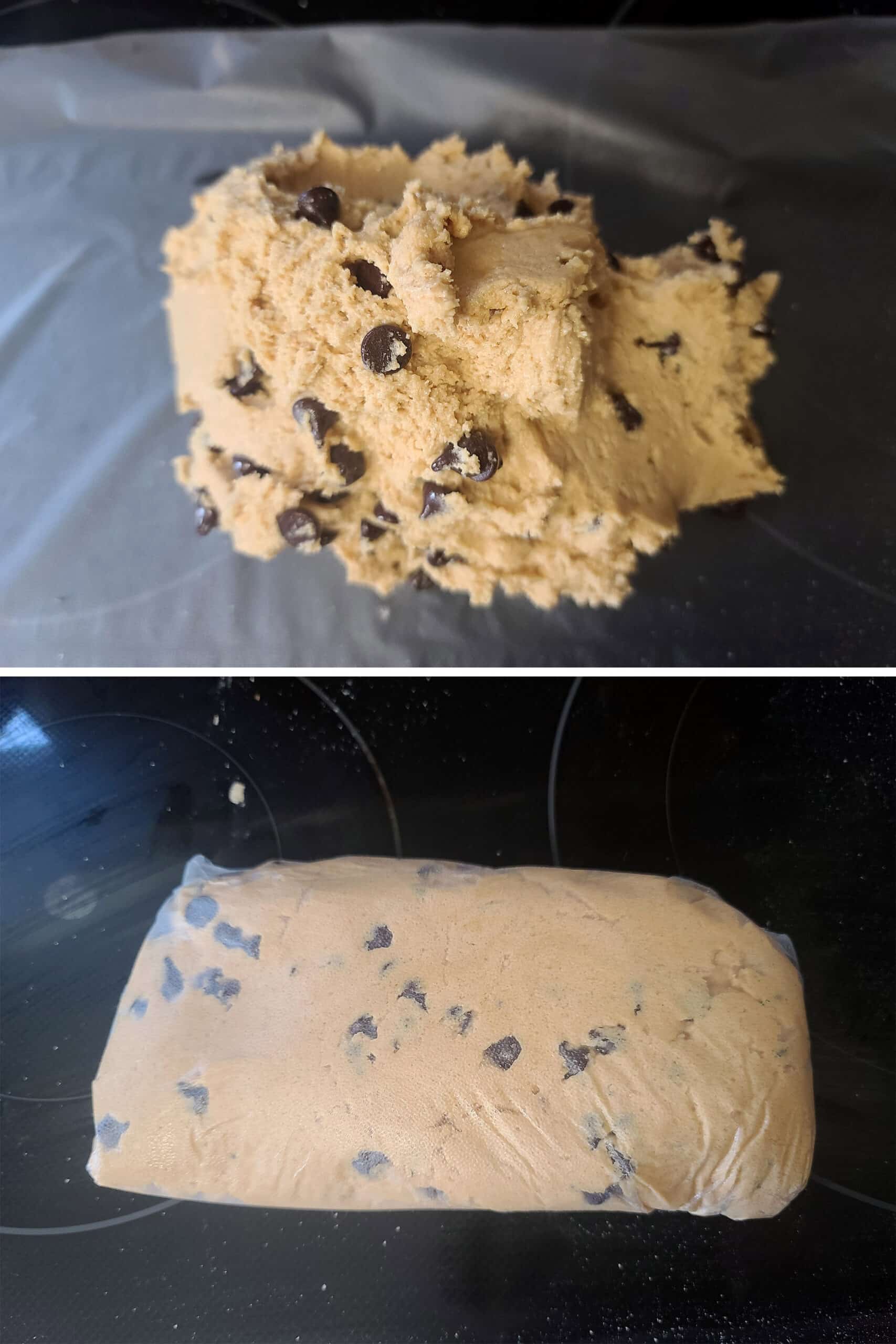 2 part image showing the soft keto peanut butter cookie dough being wrapped in plastic.