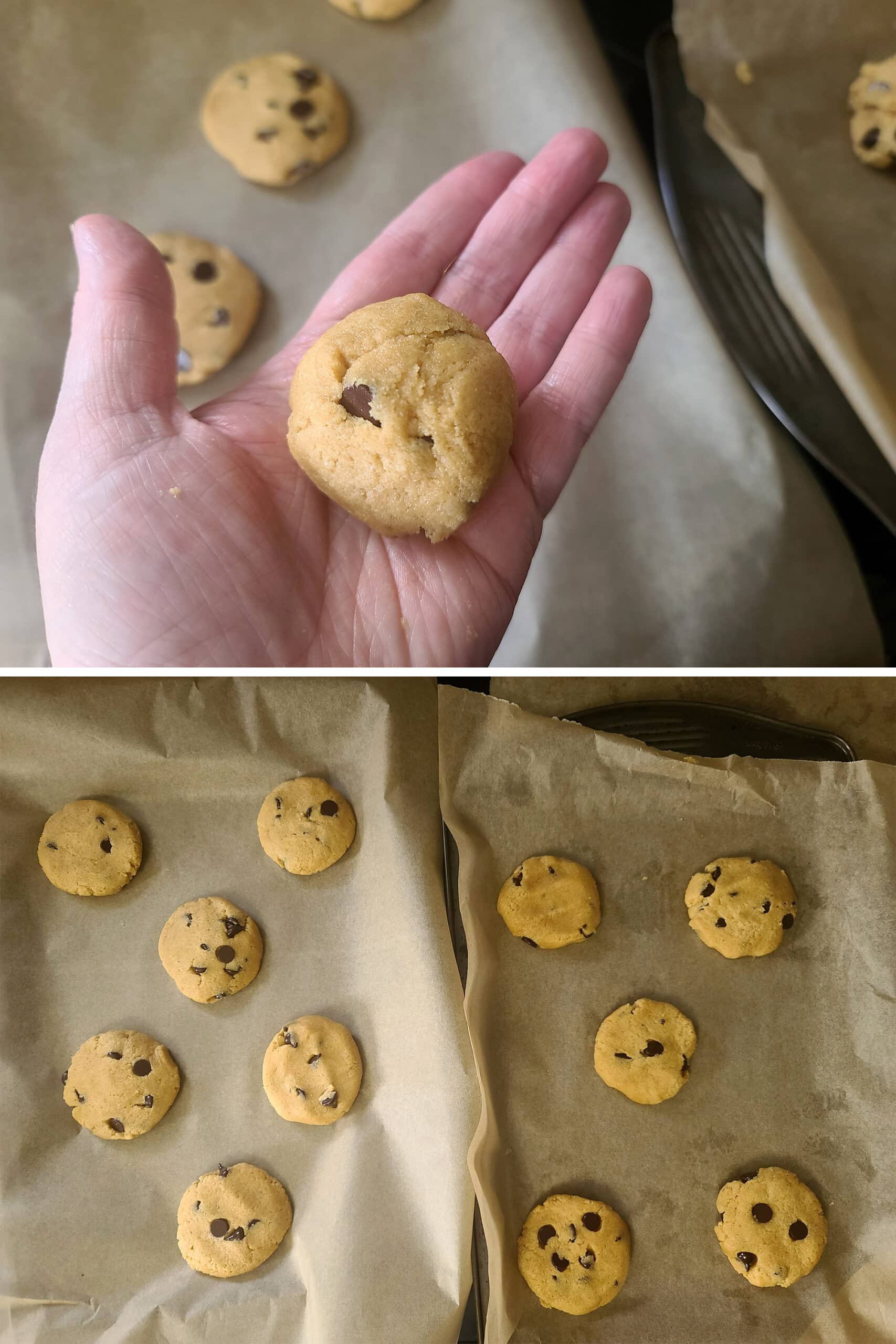 A 2 part image showing the keto cookie dough being rolled into balls and flattened into disks.