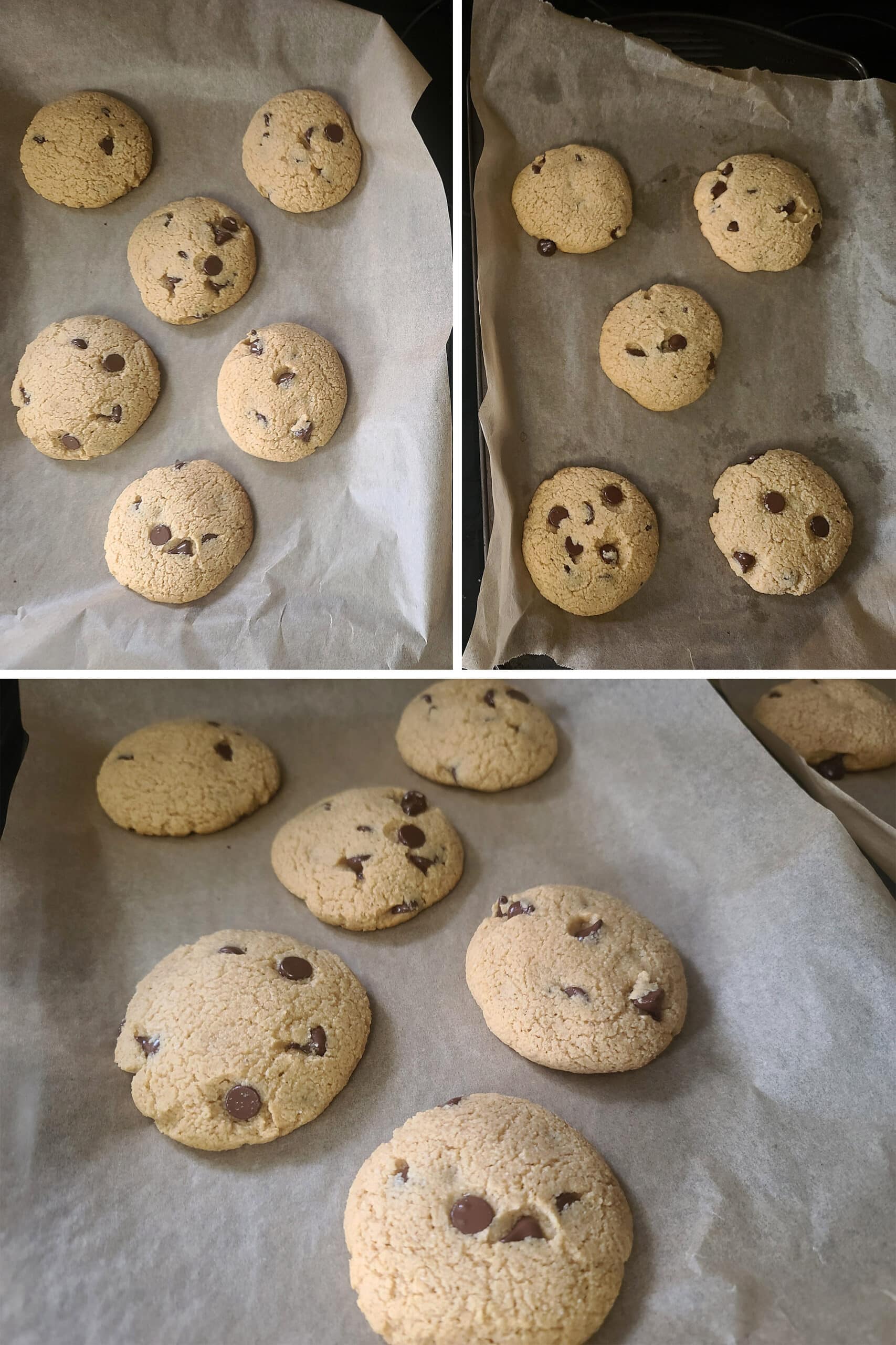 The baked cookies, still on the lined baking sheets.