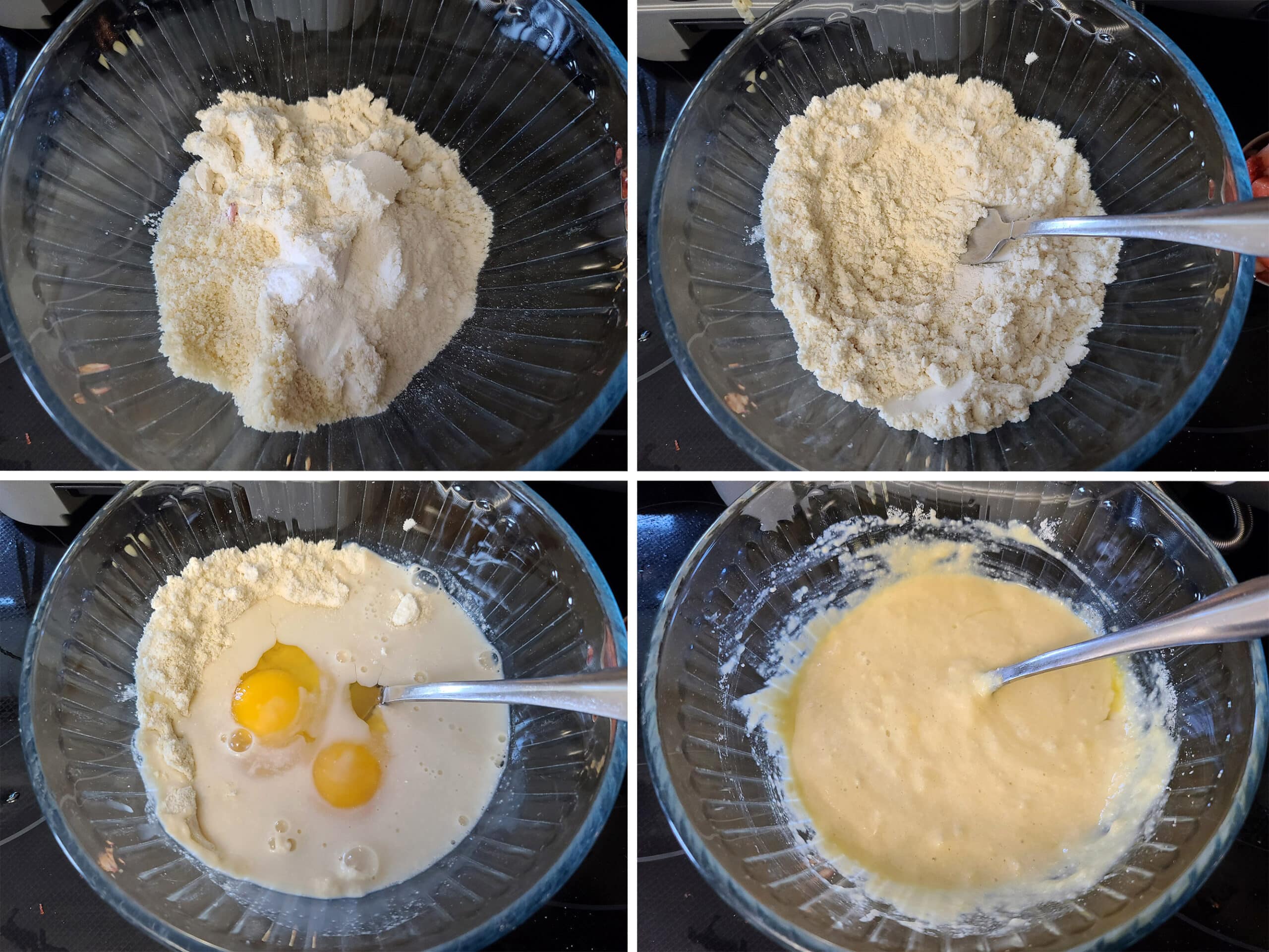 A 4 part image showing the dry ingredients being mixed together, the eggs and milk being added, and everything stirred together into a yellow batter,