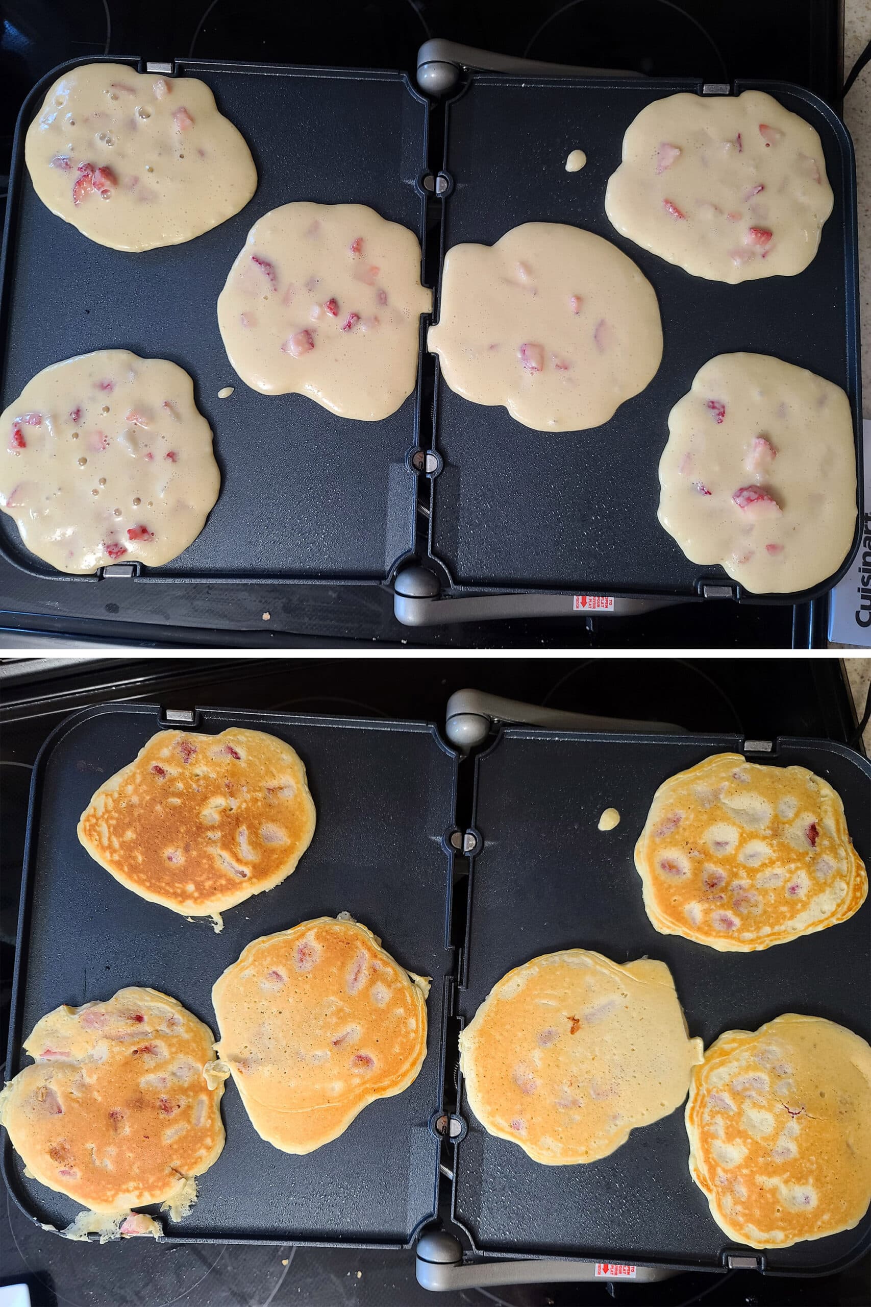 A 2 part image showing keto strawberry pancakes cooking on a griddle before and after the first flip.