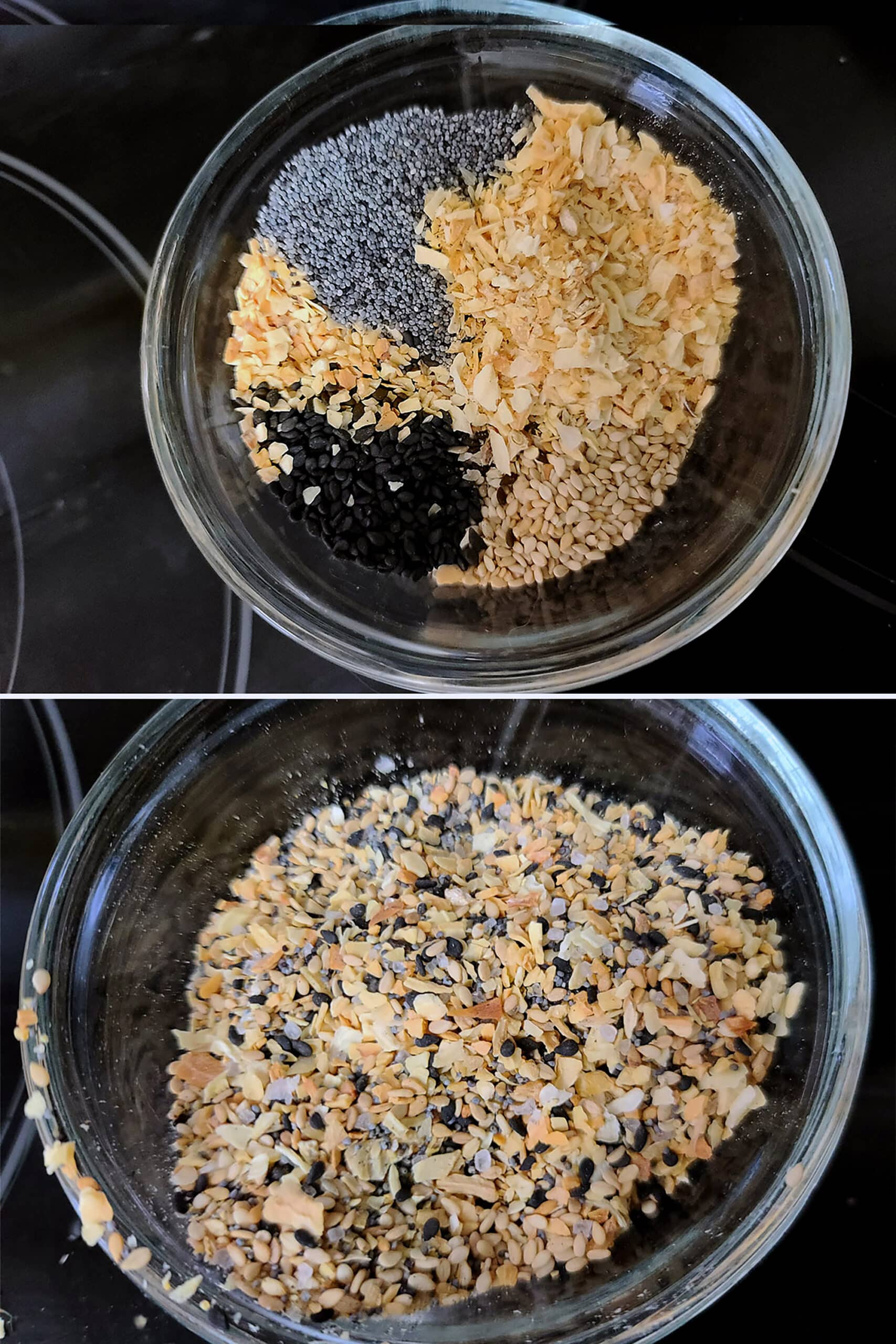 A 2 part image showing homemade everything bagel seasoning being mixed in a small bowl.