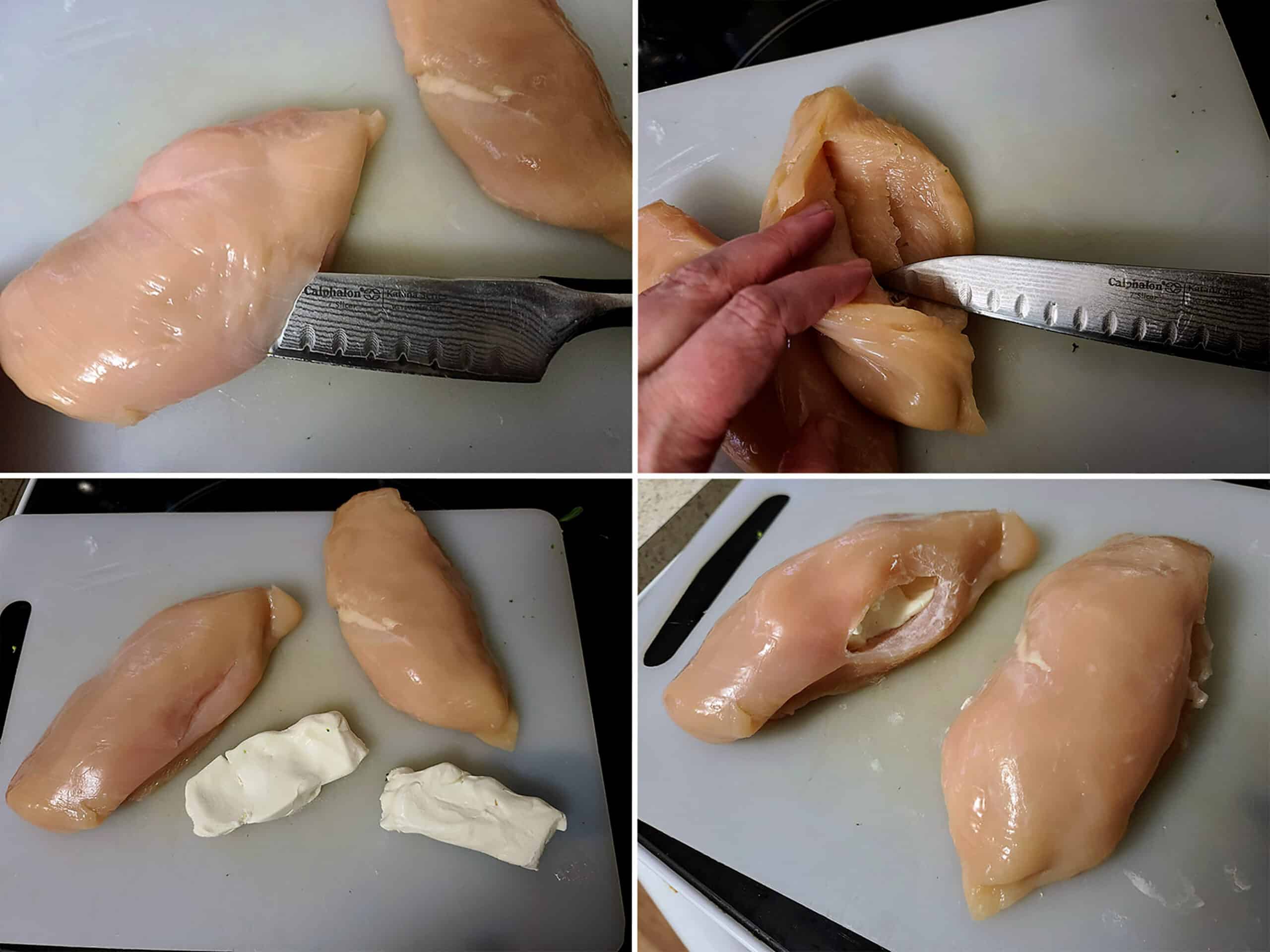 A 4 part image showing chicken breasts being slit open and stuffed with pieces of cream cheese.