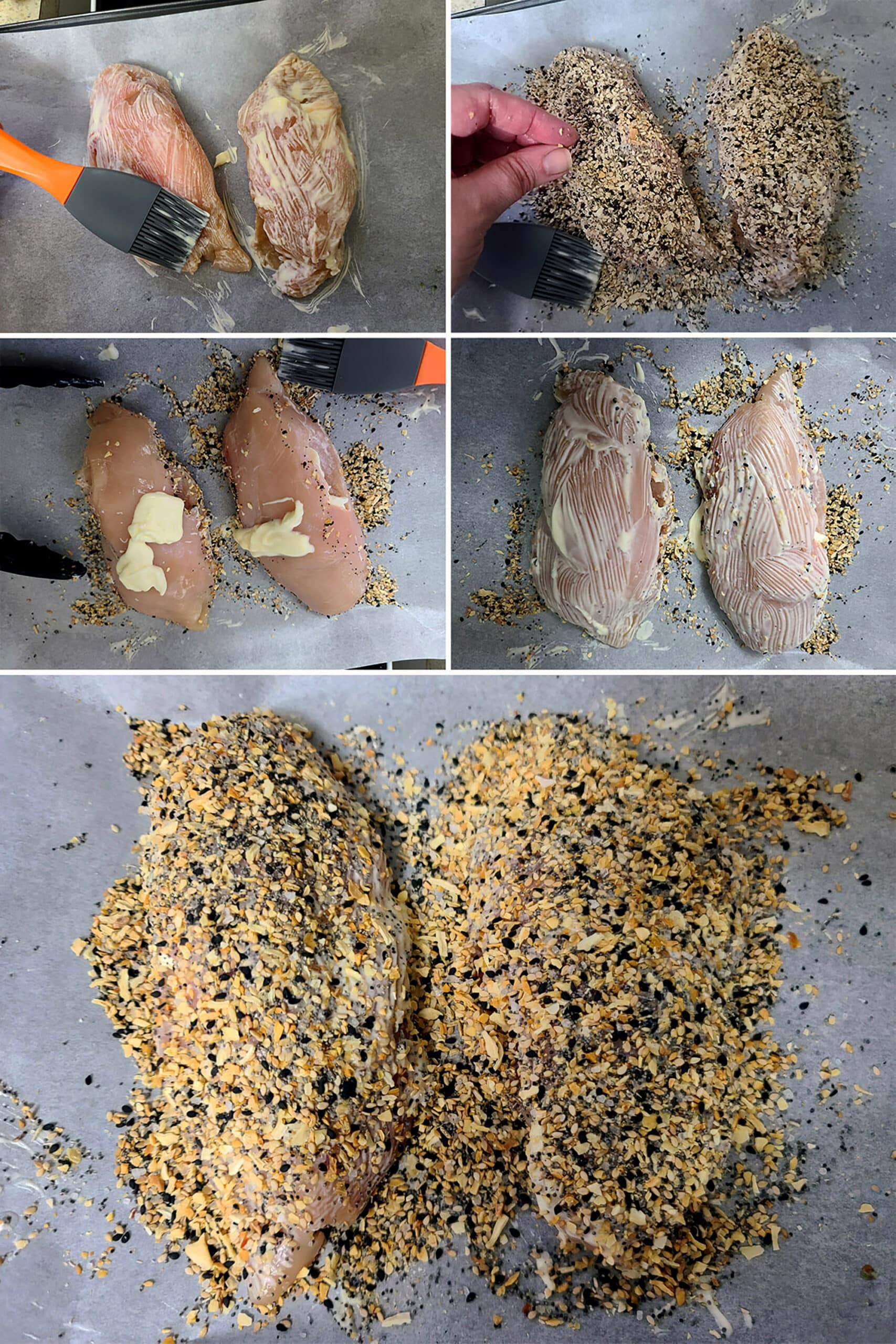 A 5 part image showing both sides of a stuffed chicken breast being brushed with mayonnaise and coated in everything bagel seasoning.
