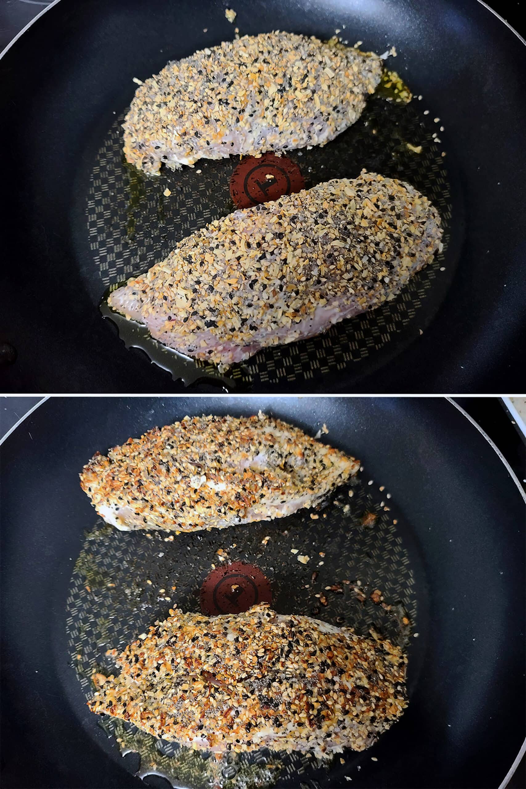 A 2 part image showing the everything seasoning coated chicken breasts being browned in a frying pan.