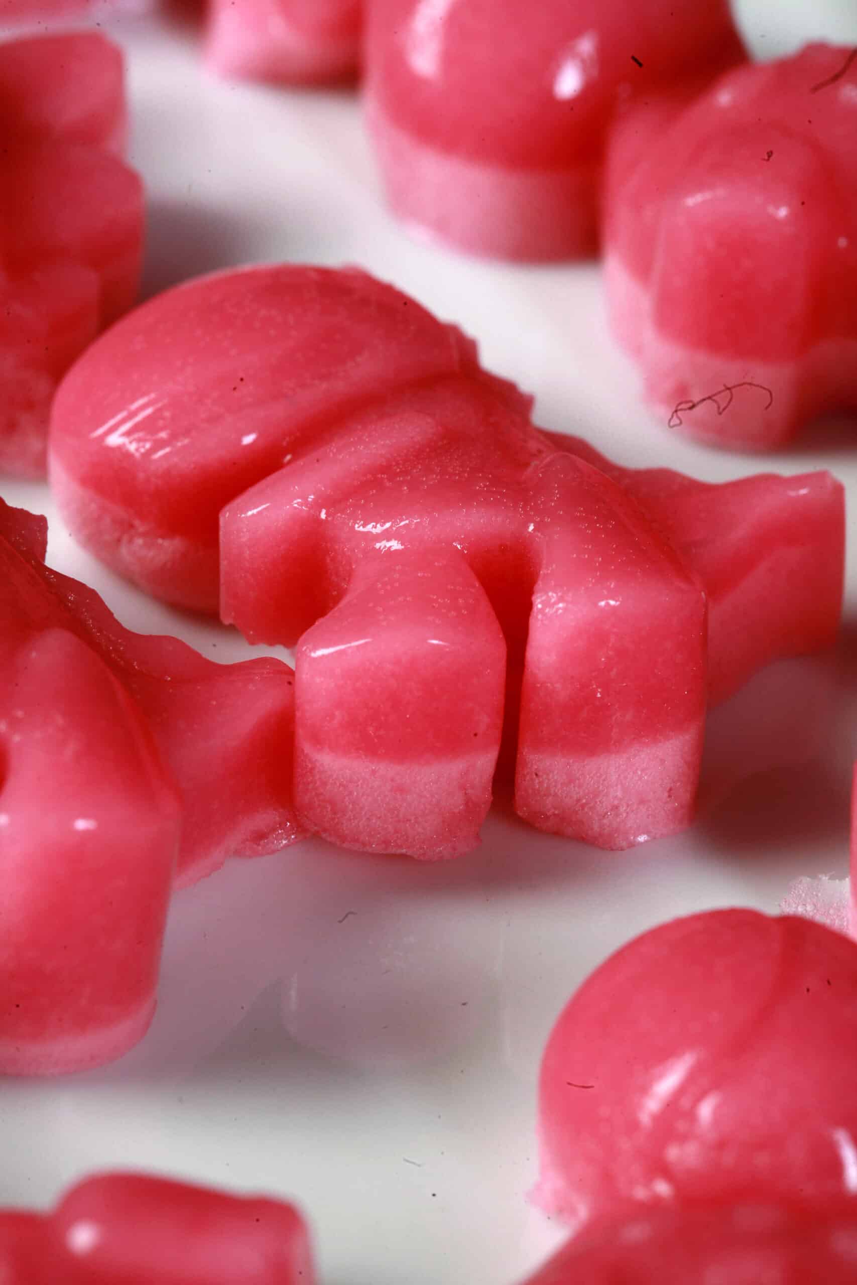 Pink dinosaur shaped homemade protein keto gummy candies on a plate.