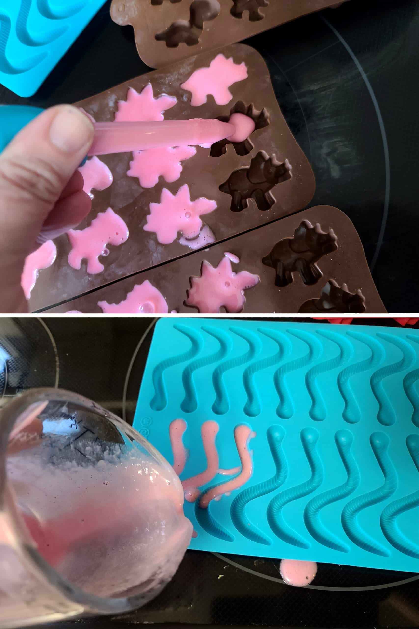 A 2 part image showing the pink gummy candy mixture being poured into gummy candy molds and also dropped in with an eye dropper.