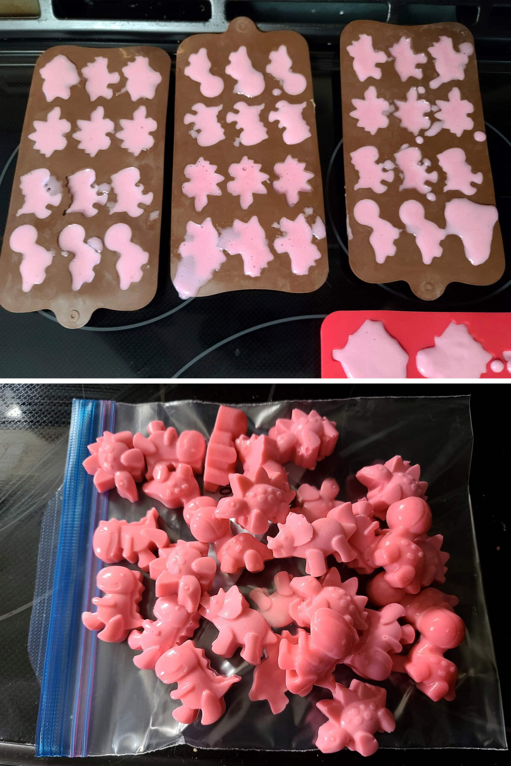 2 part image showing the dinosaur gummy molds filled with gummy mixture, and the finished pink gummies.