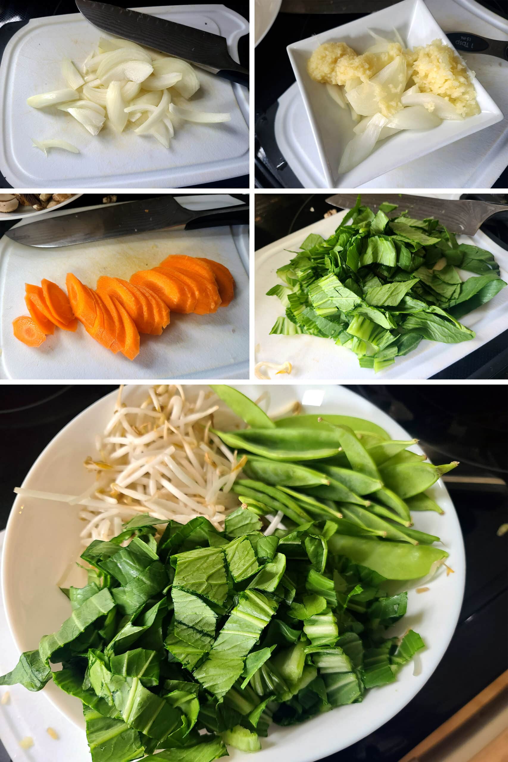 5 part image showing all the fresh vegetables being prepared and arranged on a plate.