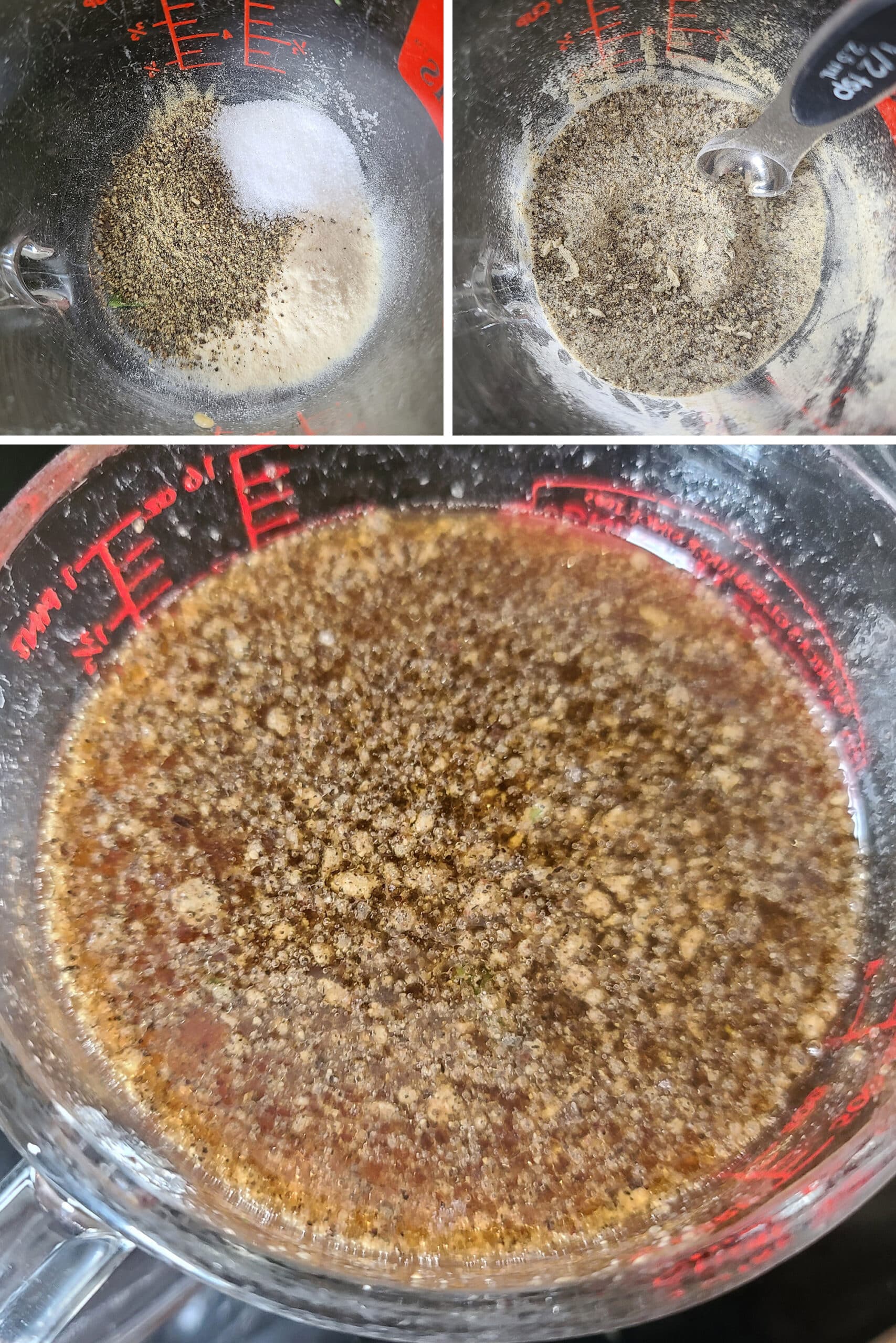 3 part image showing the sauce dry ingredients being mixed, then made into a sauce with the liquid ingredients.