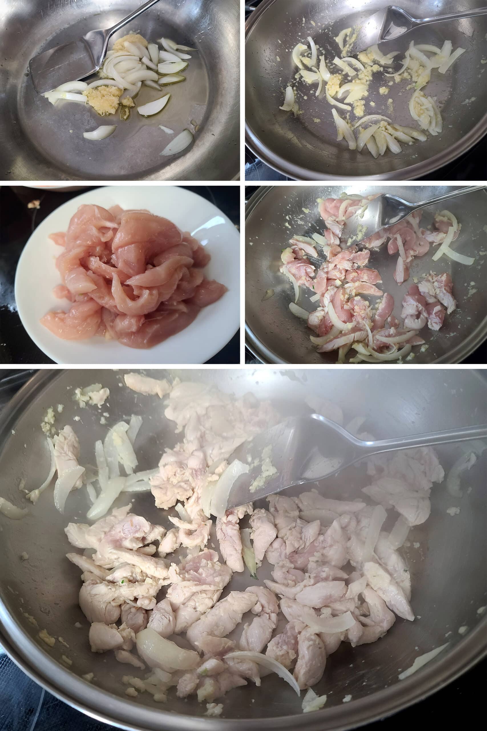 5 par image showing the onions, garlic, and ginger being cooked, then the chicken added to the pan and browned.