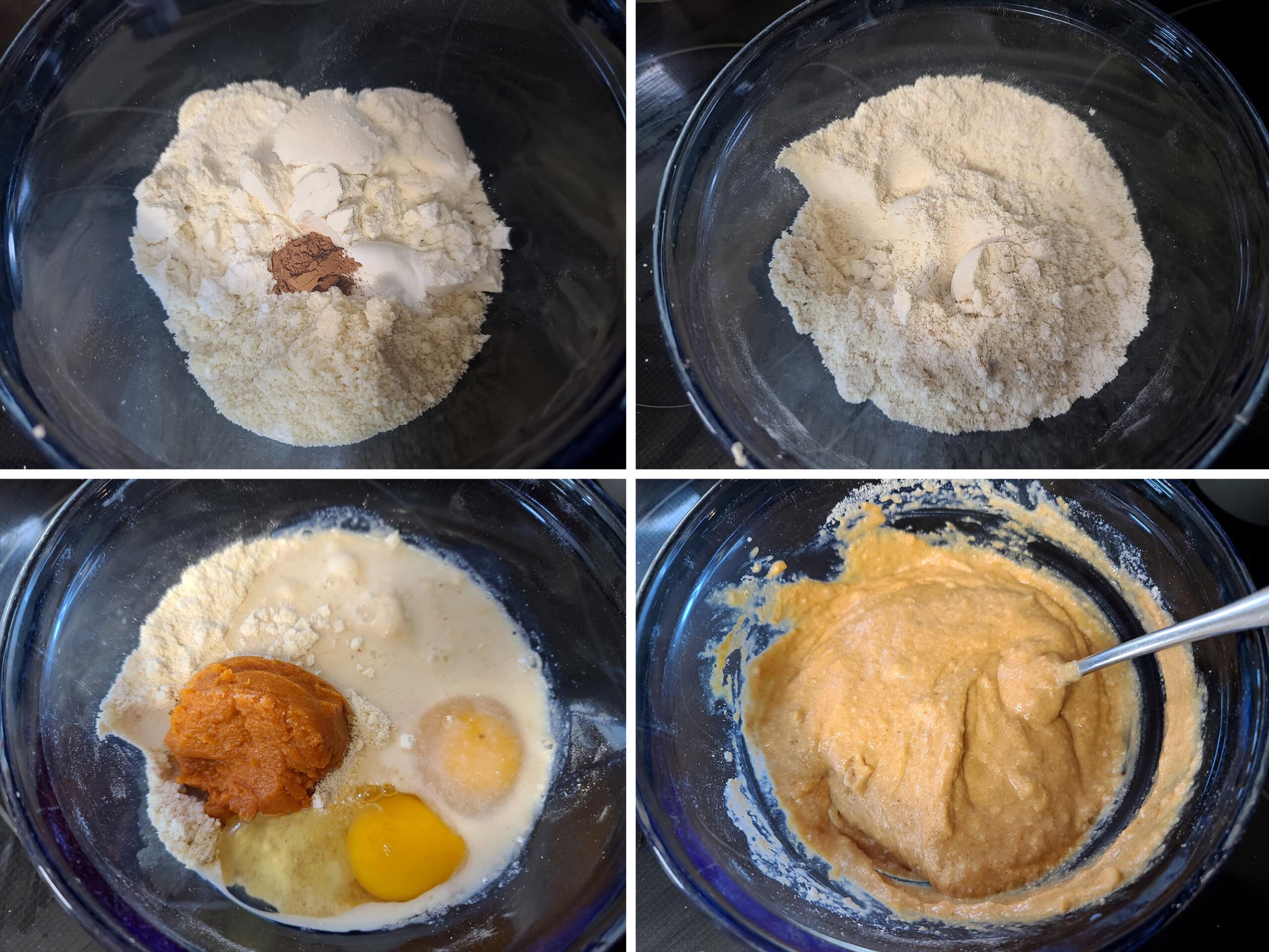 4 part image showing the pumpkin protein powder pancake batter being mixed.