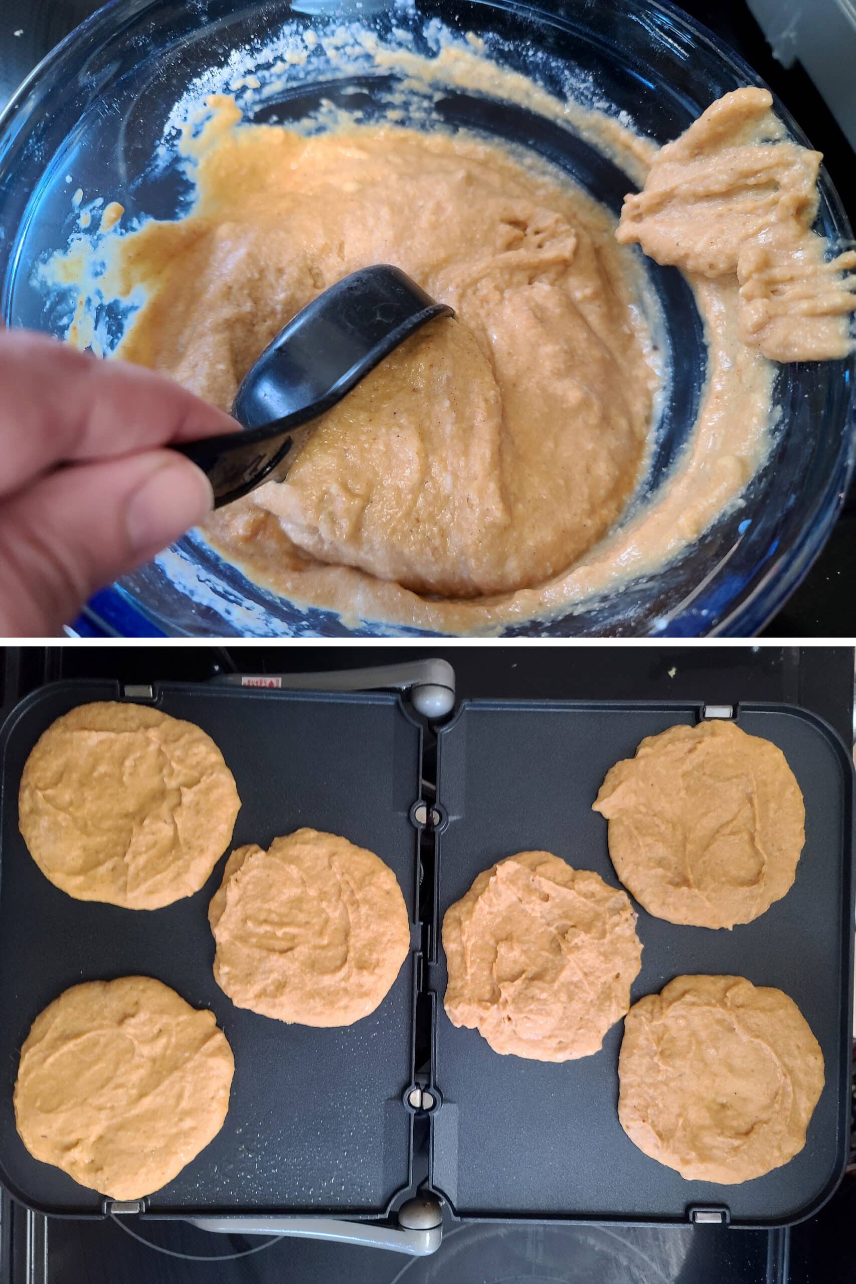 2 part image showing a measuring cup scooping the pumping pancake batter onto a griddle.