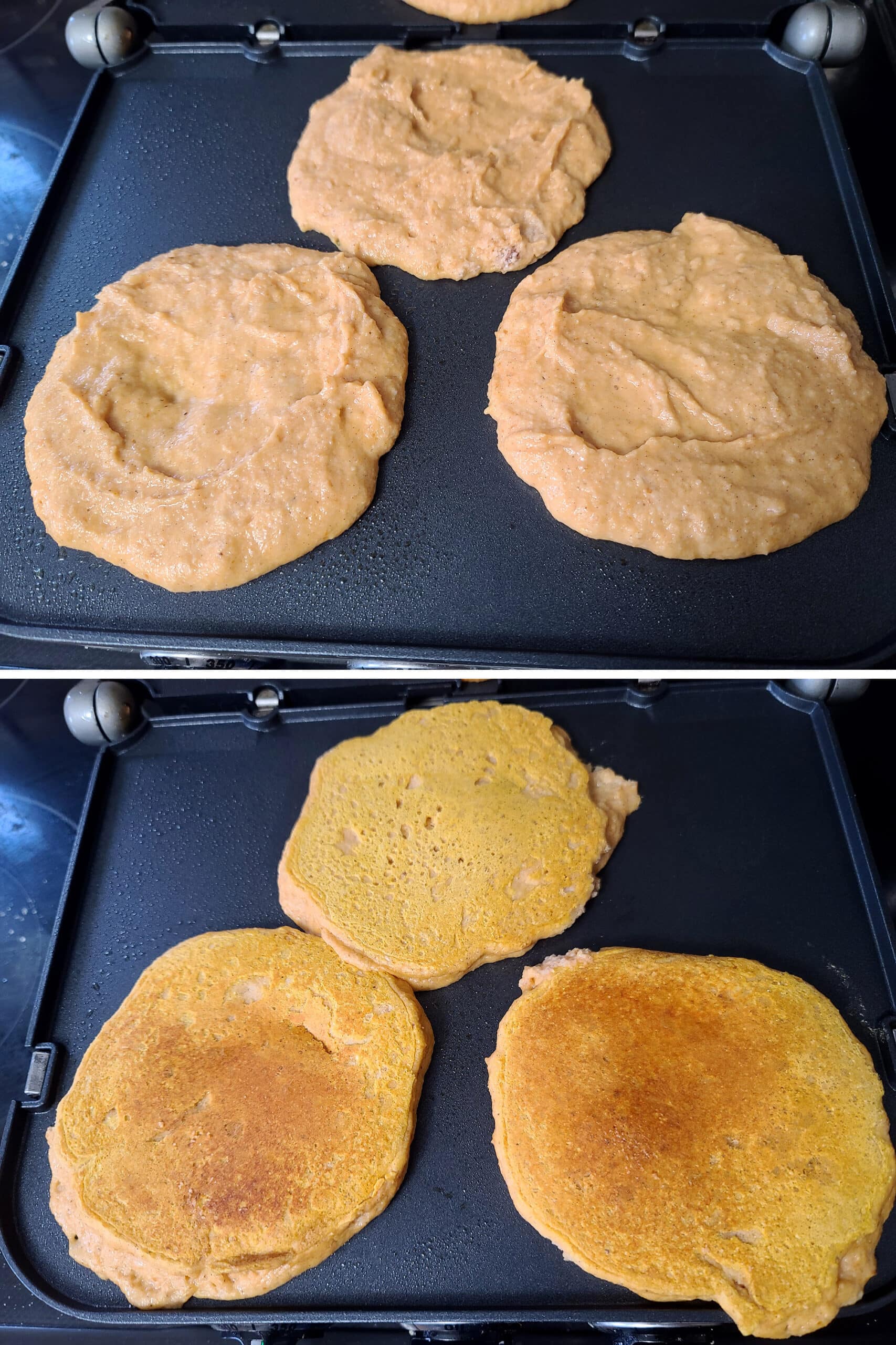 2 part image showing the pumpkin protein pancakes cooking on a griddler.