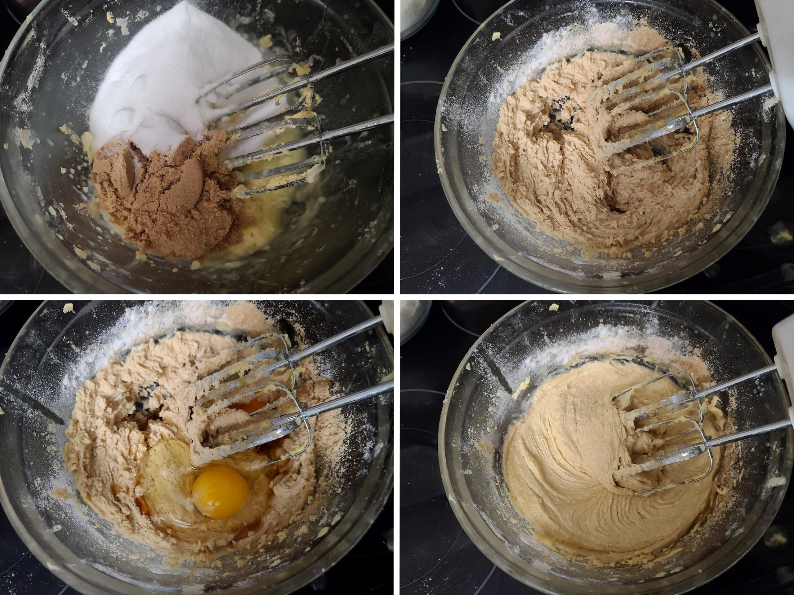 4 part image showing the sugar substitutes and butter being creamed, then the eggs and vanilla added.