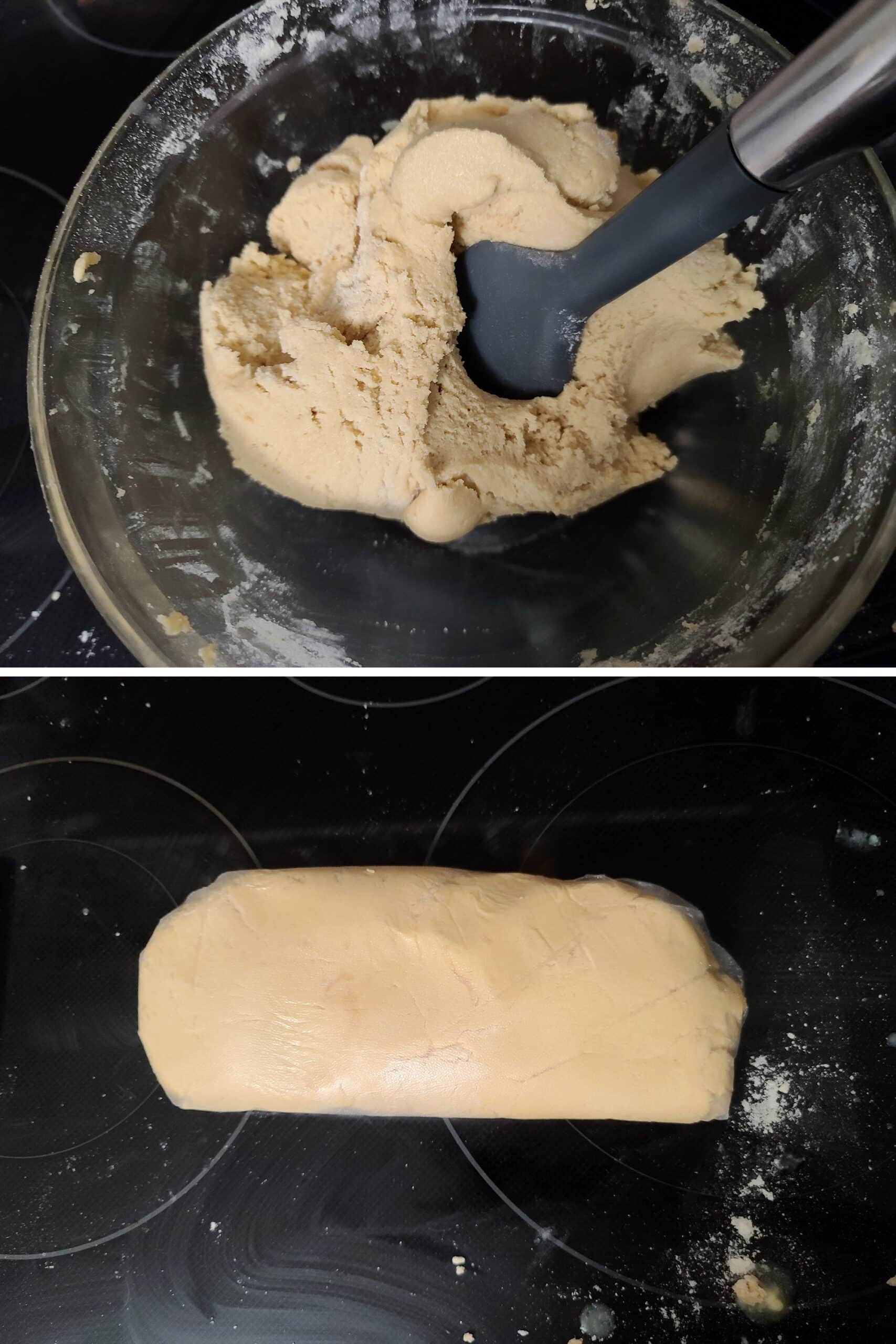 2 part image showing the keto cookie dough coming together and being wrapped in plastic wrap.