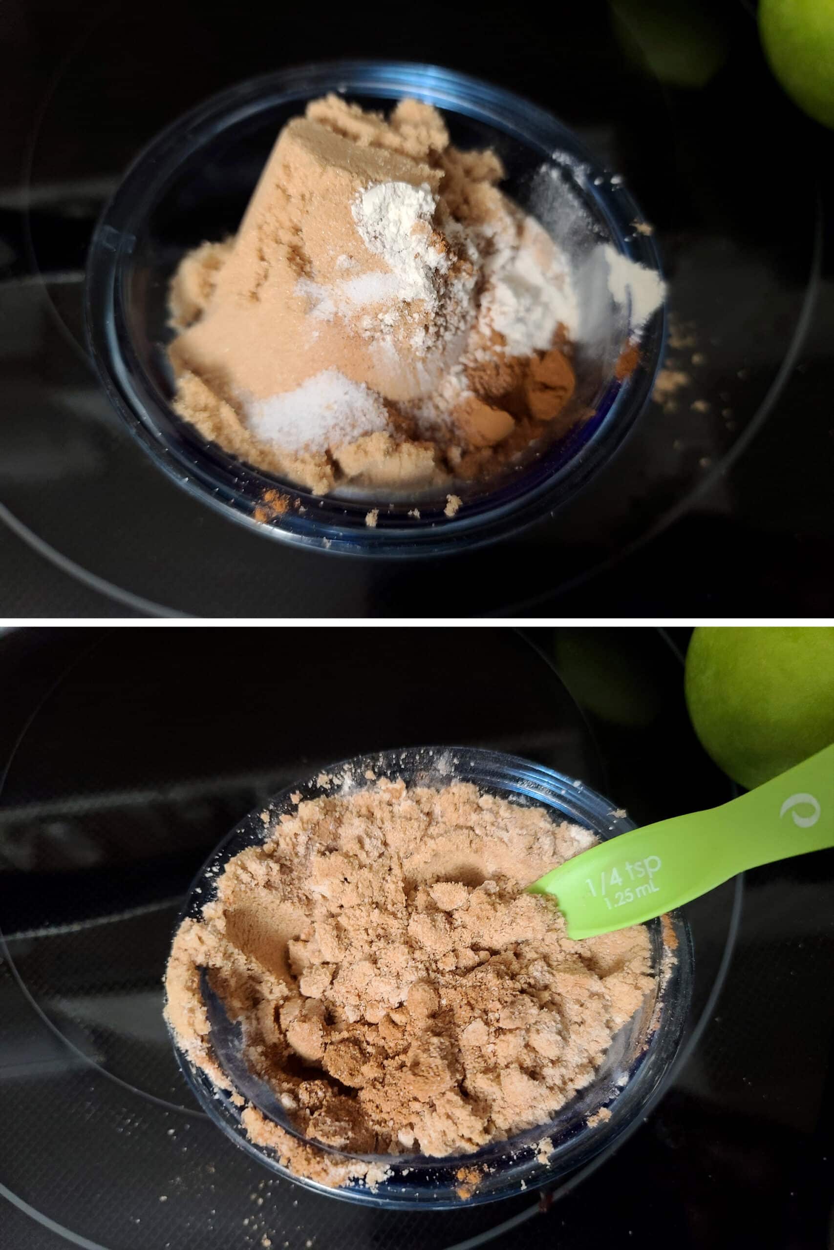 3 part image showing brown sugar substitute, xanthan gum, and spices being mixed.