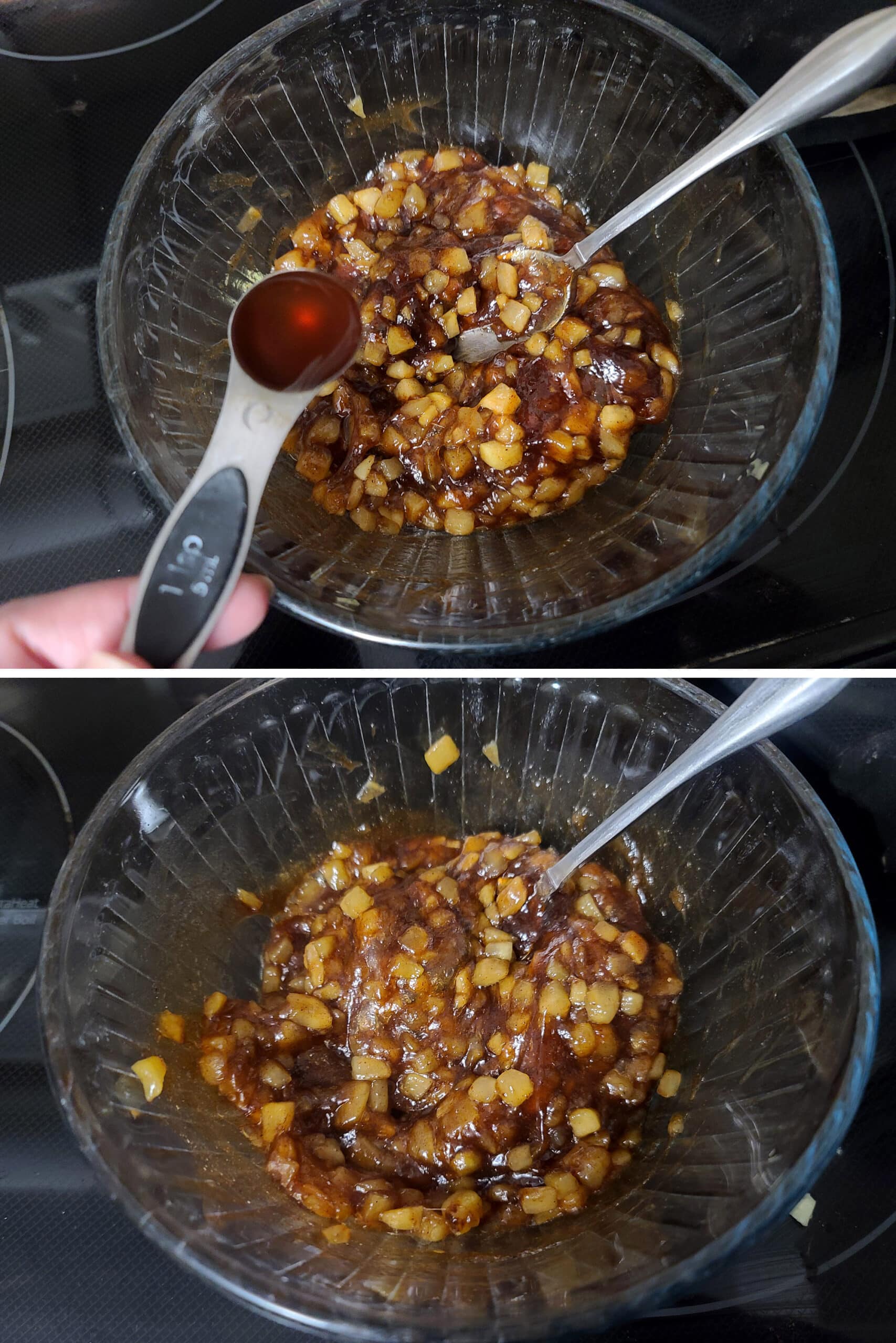 2 part image showing vanilla being added to a bowl of keto apple pie filling.