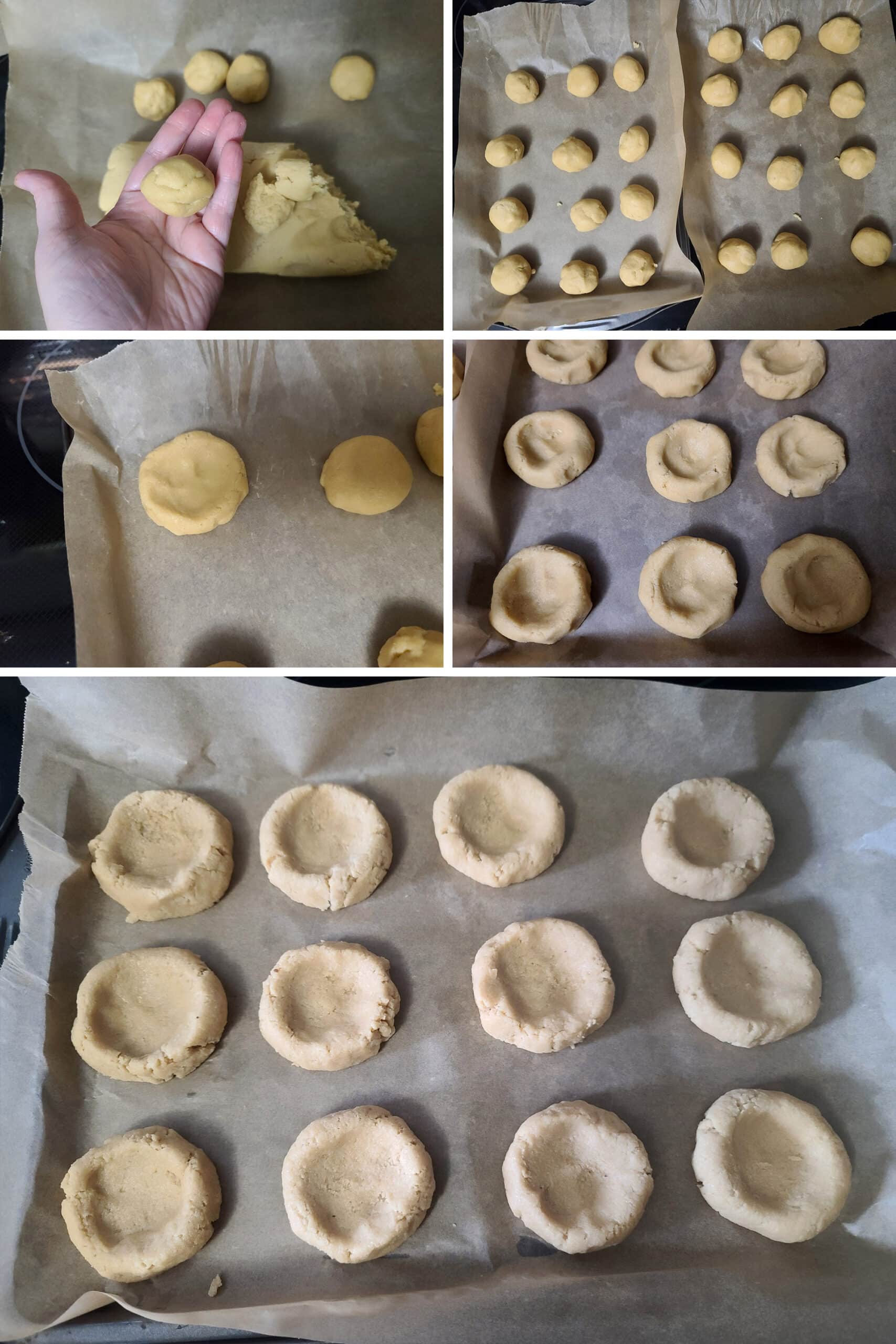 5 part image showing keto cookie dough being rolled into balls and formed into little pie shell shaped cookies.