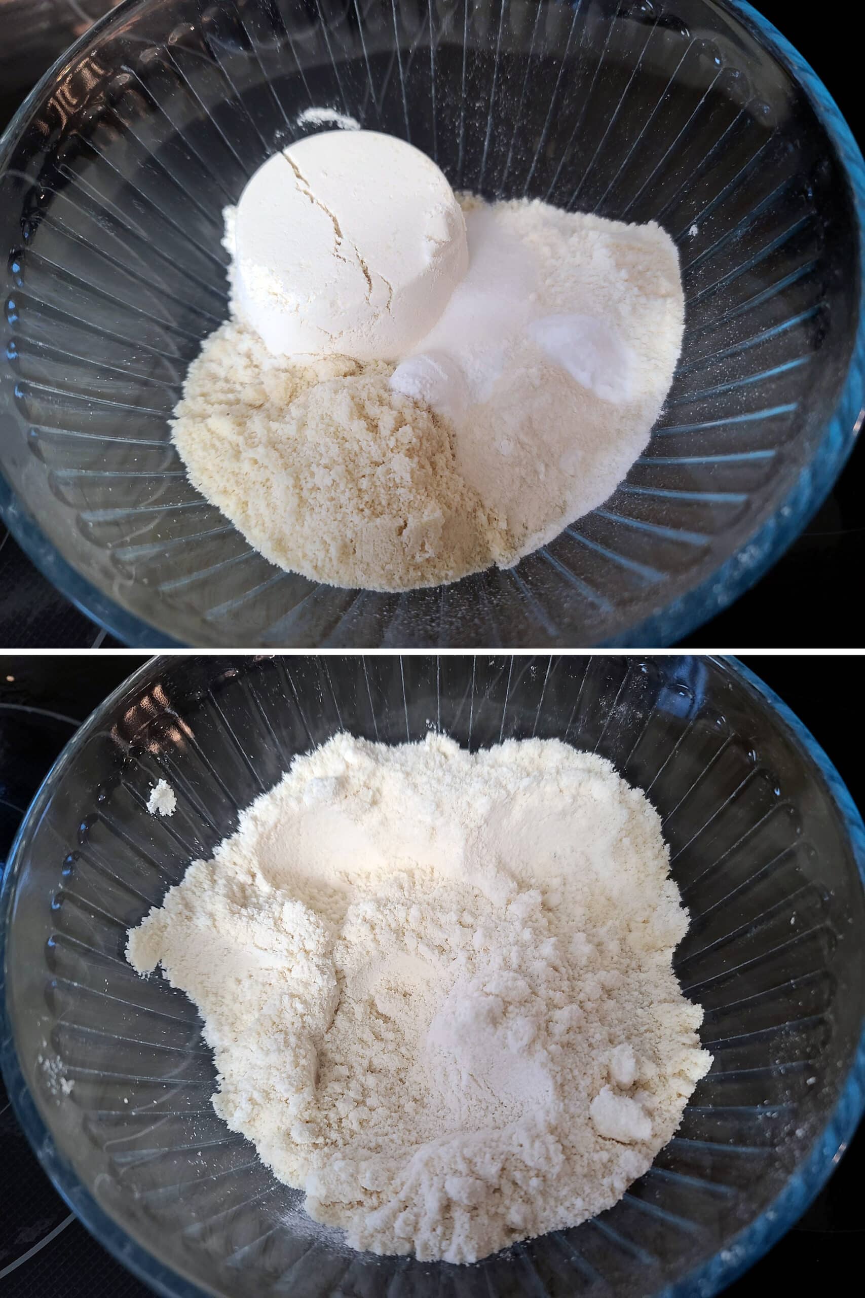 2 part image showing the dry ingredients being mixed.