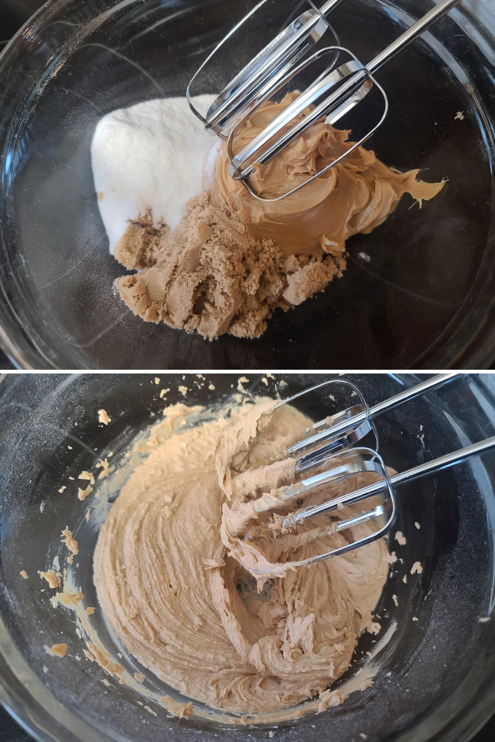 2 part image showing the peanut butter and sugar substitute being creamed together.