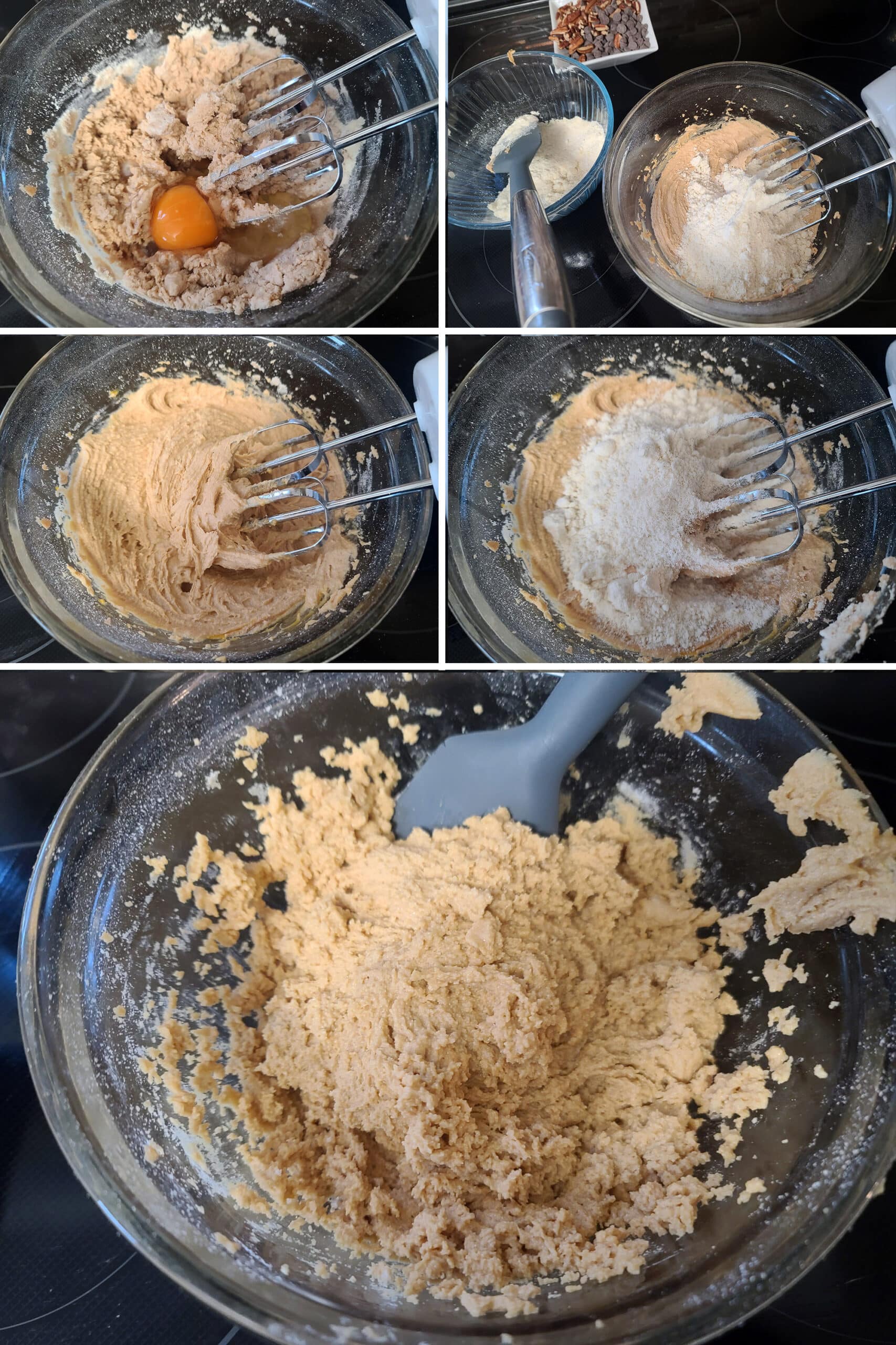 Eggs and vanilla being beaten into the peanut butter mixture, then the dry ingredients beaten in.