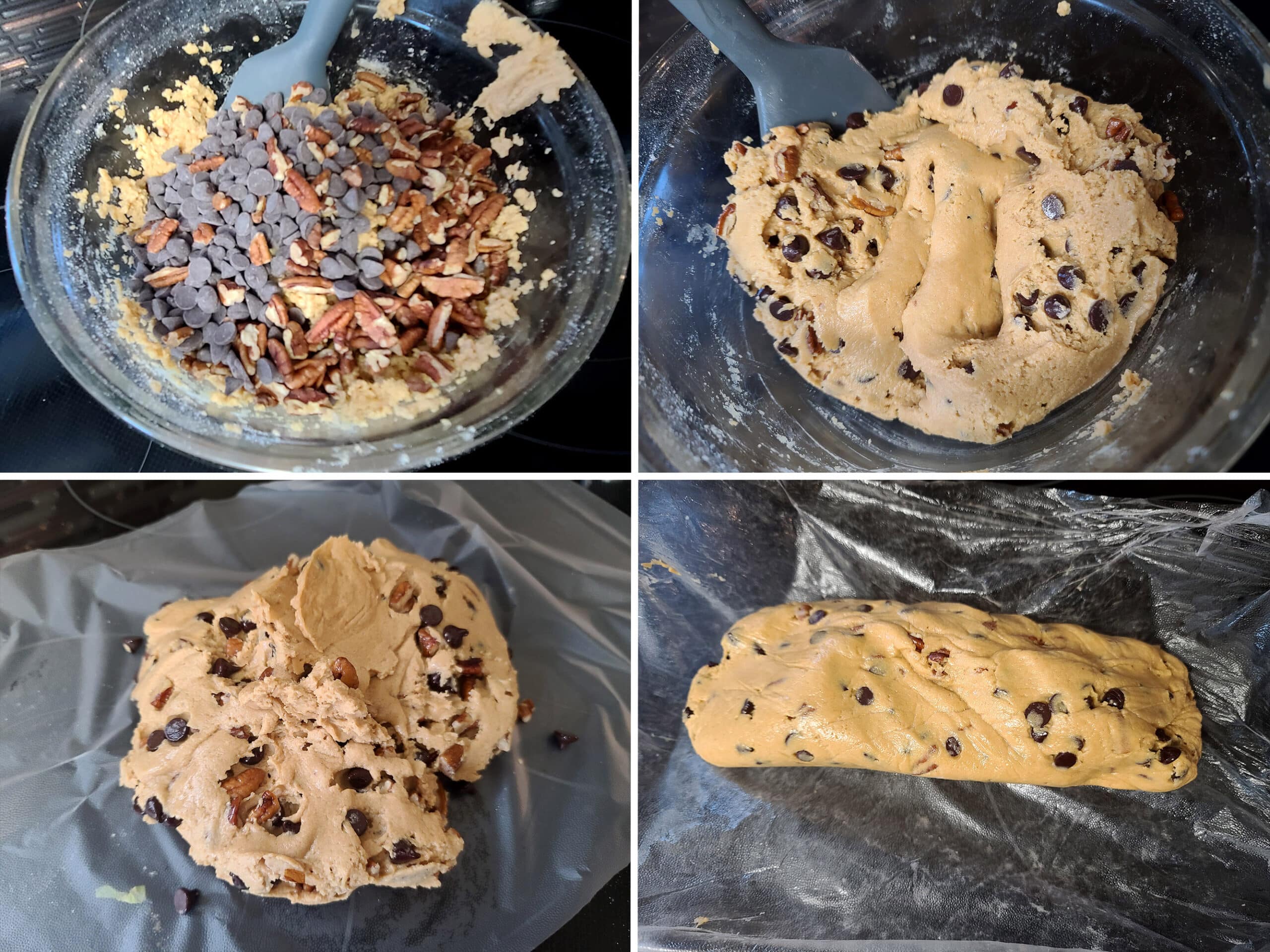 Chocolate chips and pecans being mixed into the cookie dough, then rolled into a log.