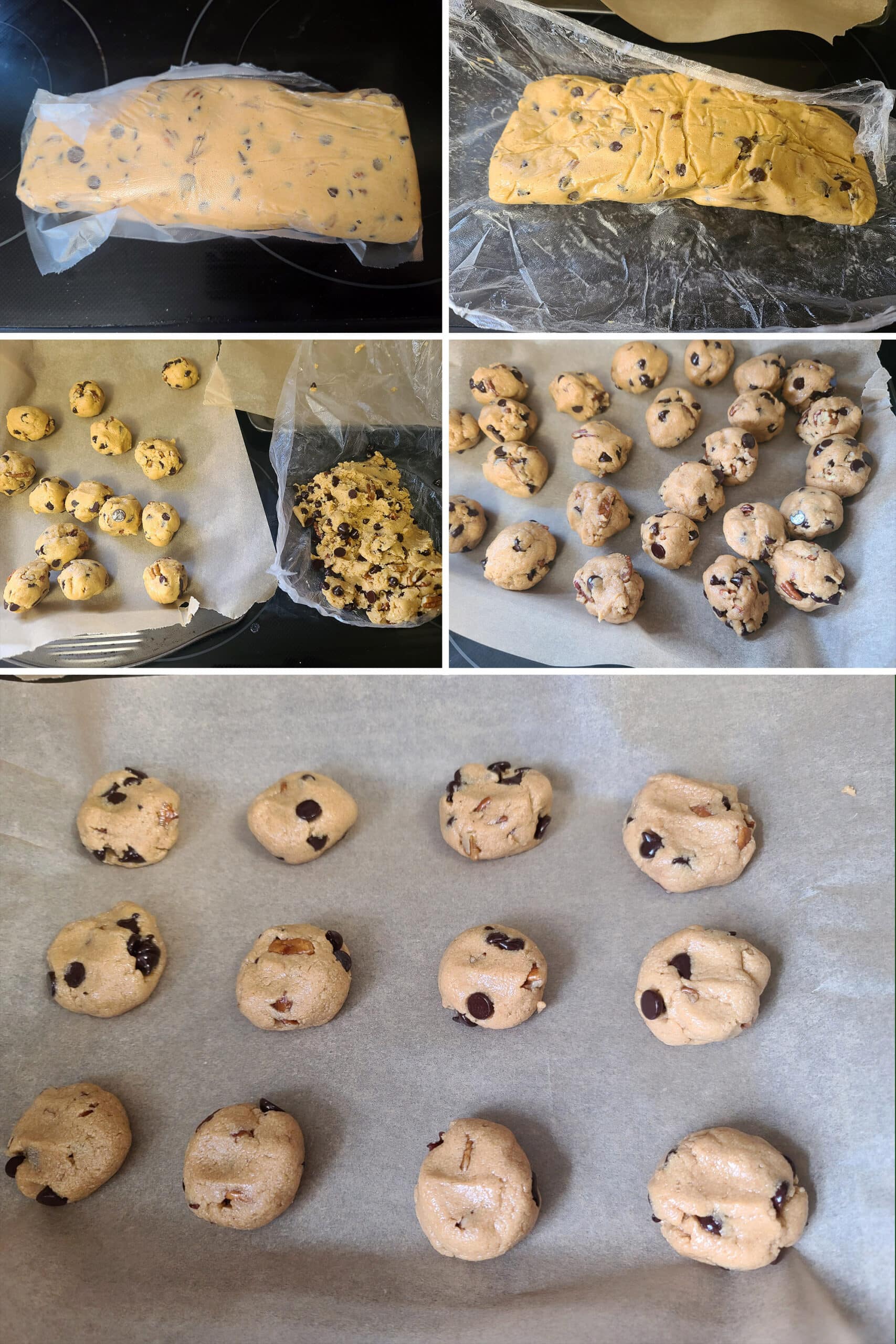 5 part image showing the cookie dough wrapped in plastic then rolled into balls and slightly flattened on cookie sheets.