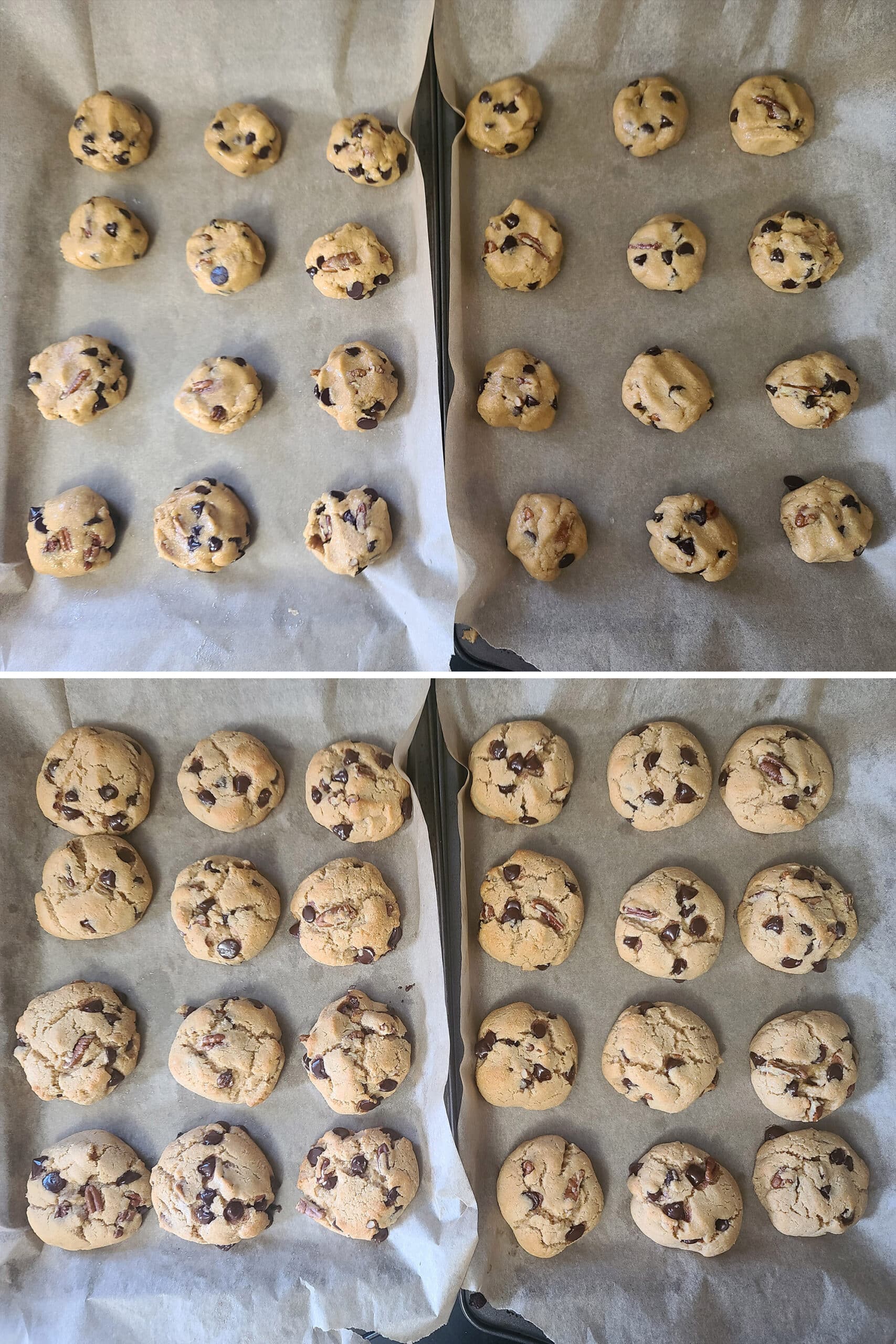 2 part image showing 2 trays of keto pecan chocolate chip cookies, before and after baking.