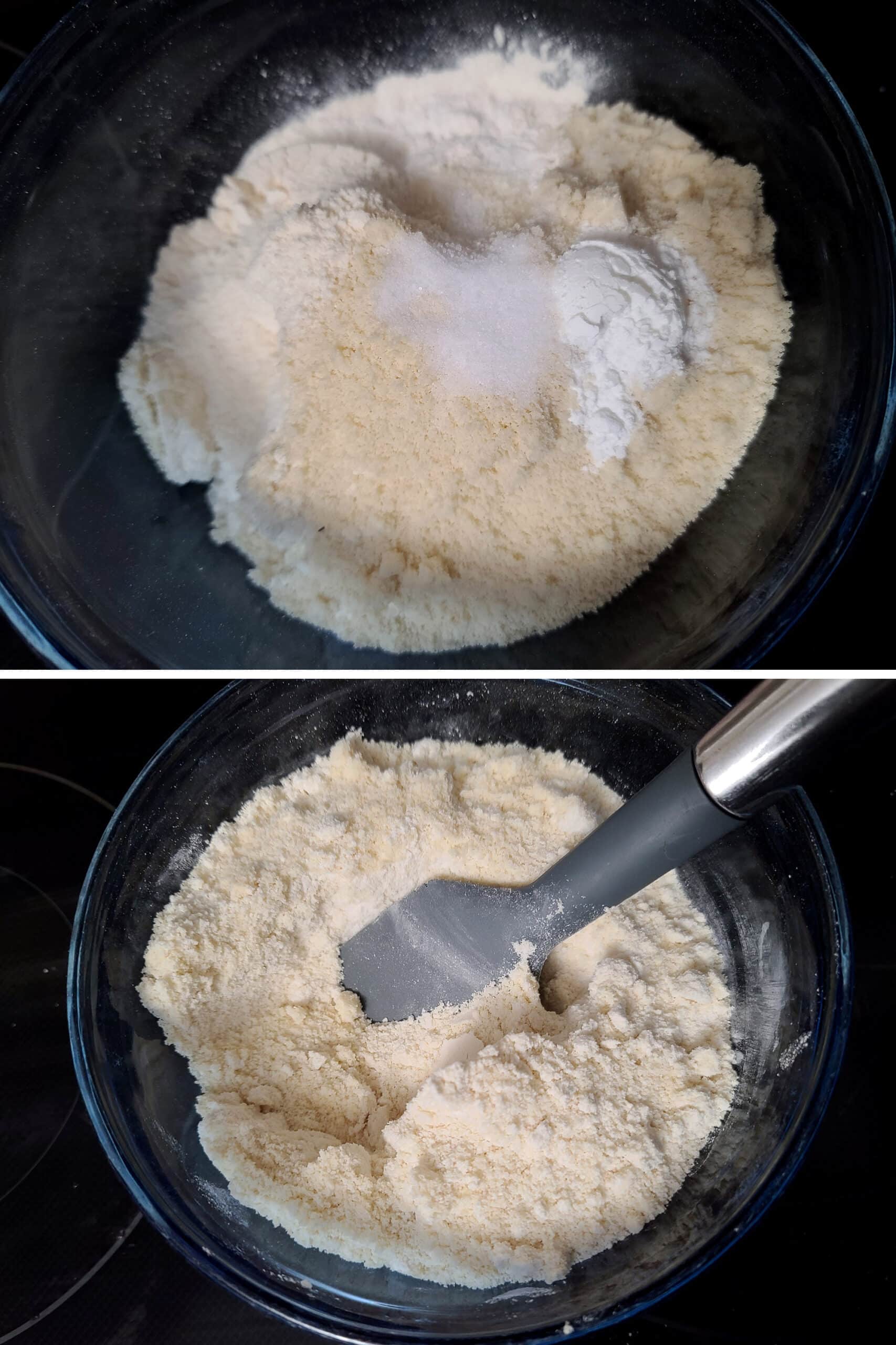 2 part image showing the dry ingredients being mixed together.