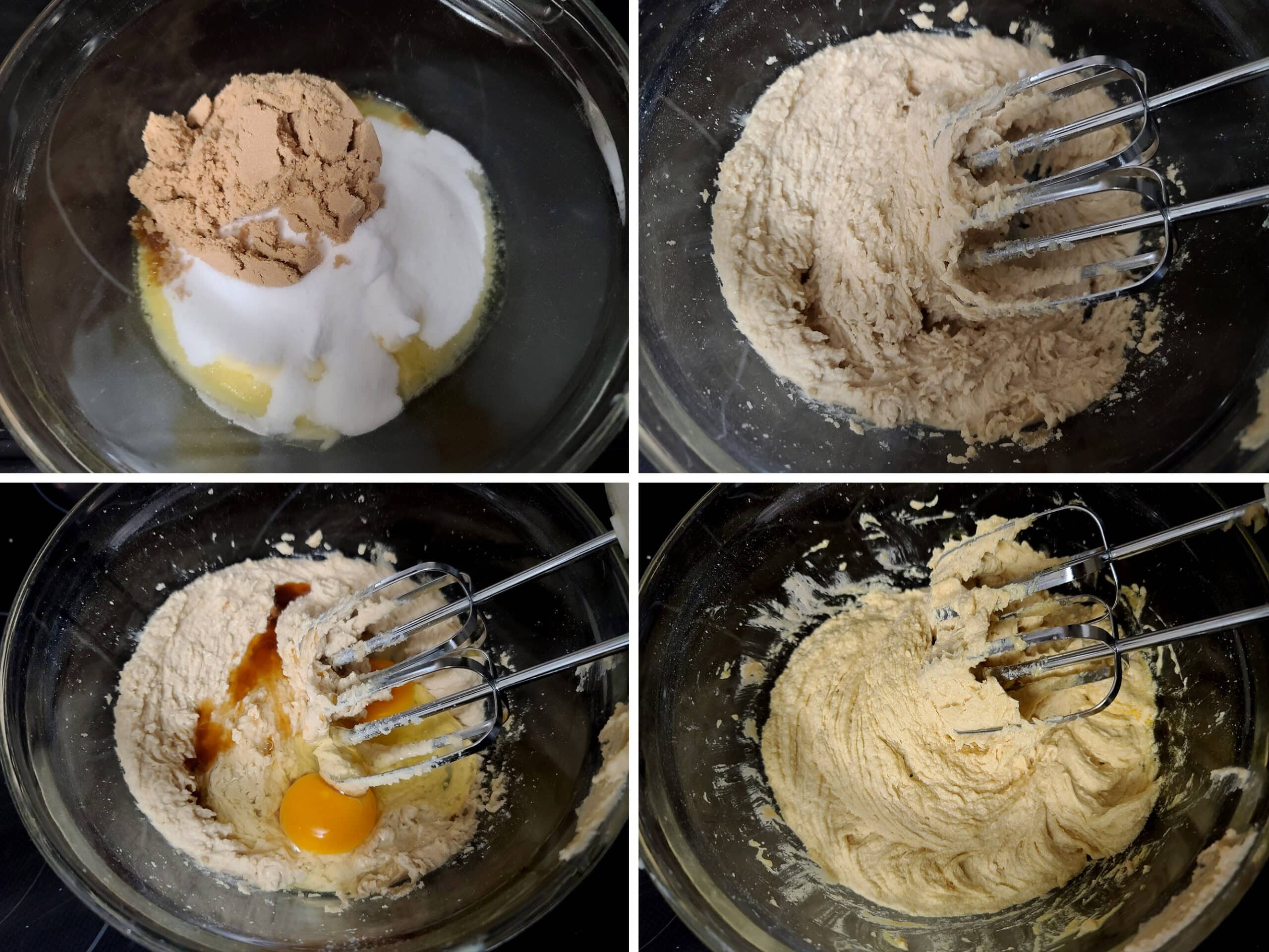 4 part image showing the butter and sugar substitutes being creamed, the eggs and vanilla beaten in.